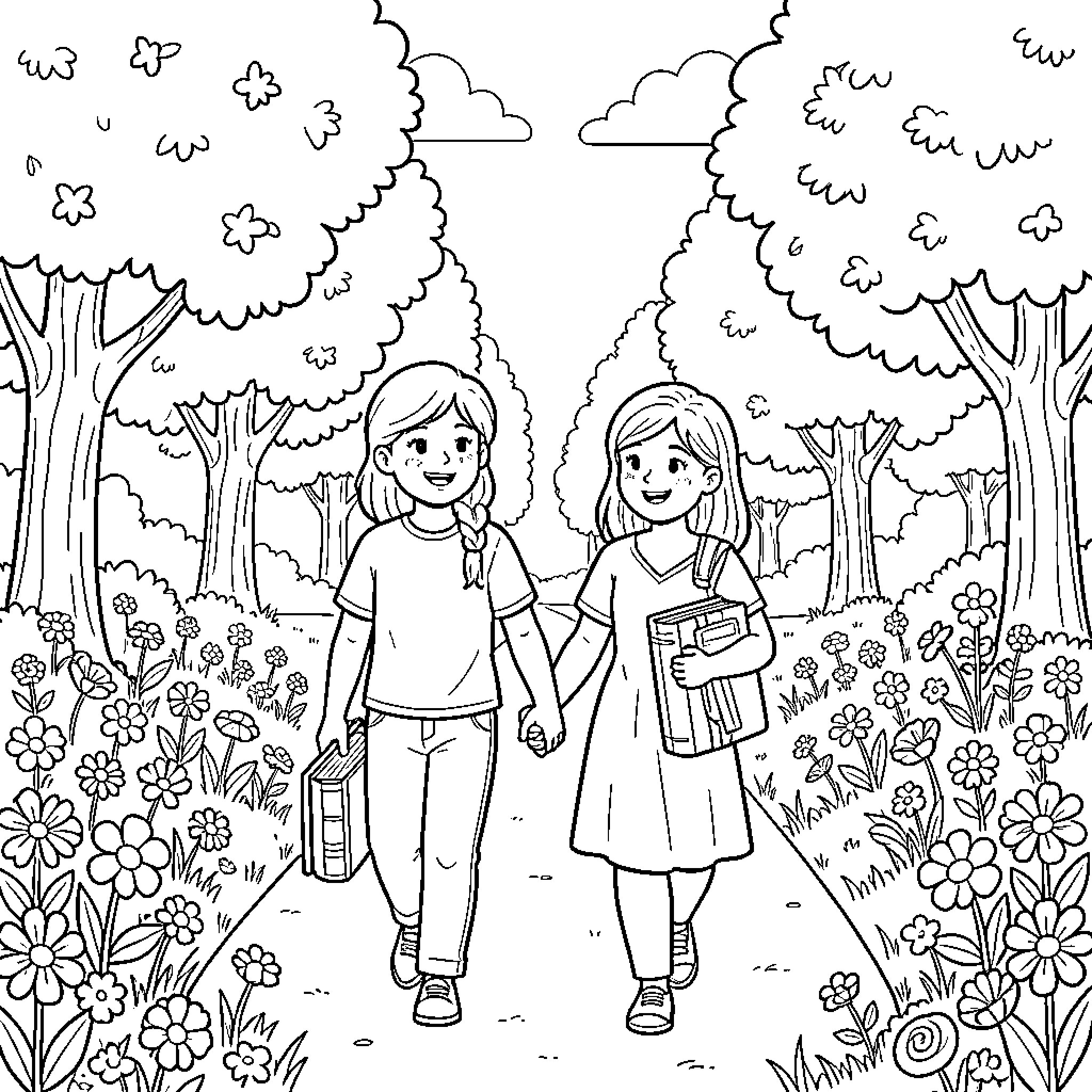 Libro of Children Walking in a Flowery Forest Coloring Page (free black-and-white line drawing printable PDF for all, from beginners to advanced learners, including children, teens, adults, and seniors)