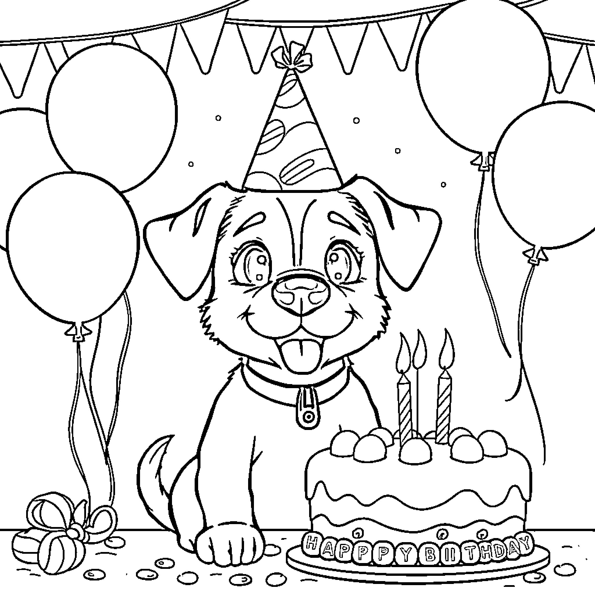 Dog celebrating birthday with cake and balloons Coloring Page (free black-and-white line drawing printable PDF for all, from beginners to advanced learners, including children, teens, adults, and seniors)