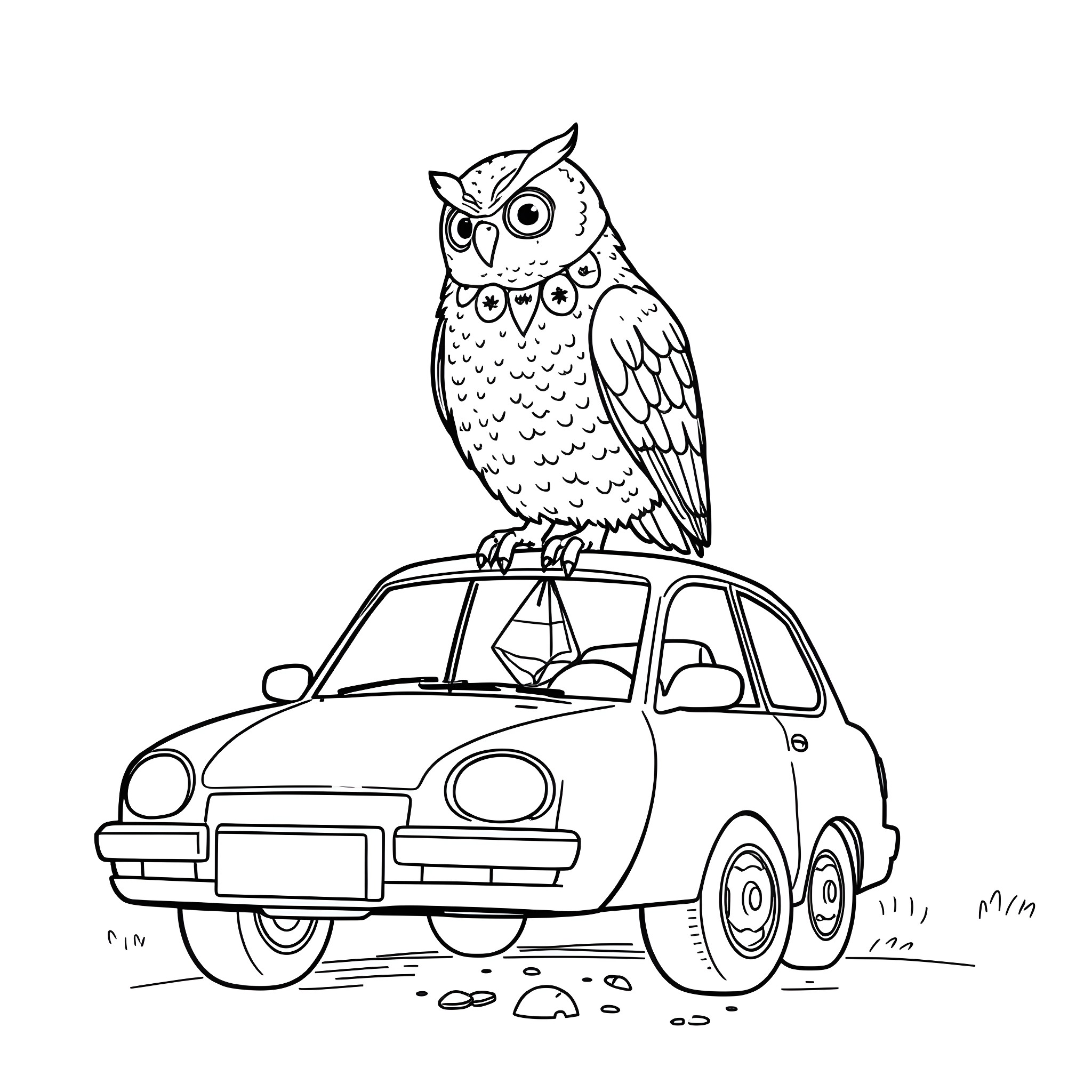 Owl perched atop a quirky car Coloring Page (free black-and-white line drawing printable PDF for all, from beginners to advanced learners, including children, teens, adults, and seniors)