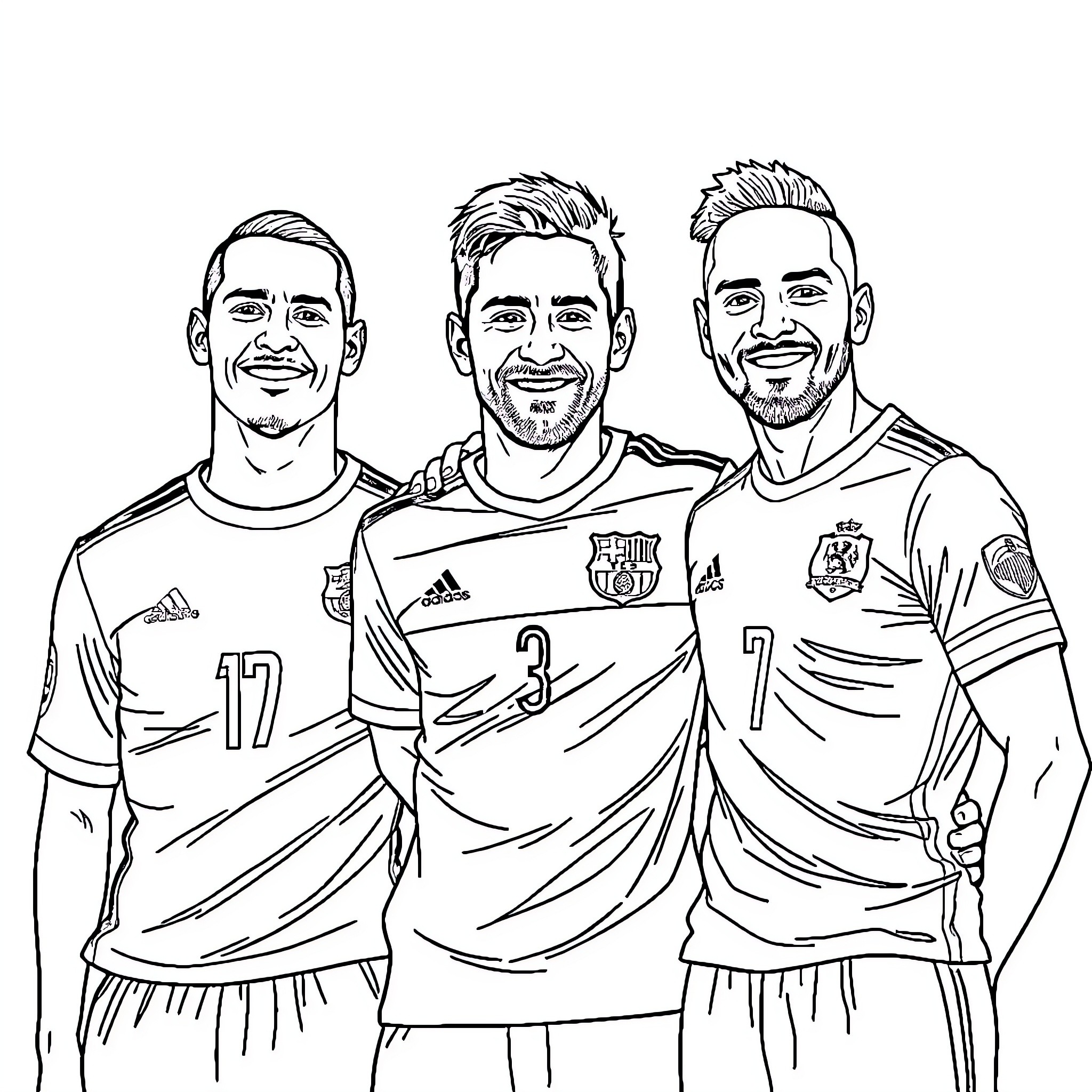 Soccer Players in Team Uniforms and Poses Coloring Page (free black-and-white line drawing printable PDF for all, from beginners to advanced learners, including children, teens, adults, and seniors)