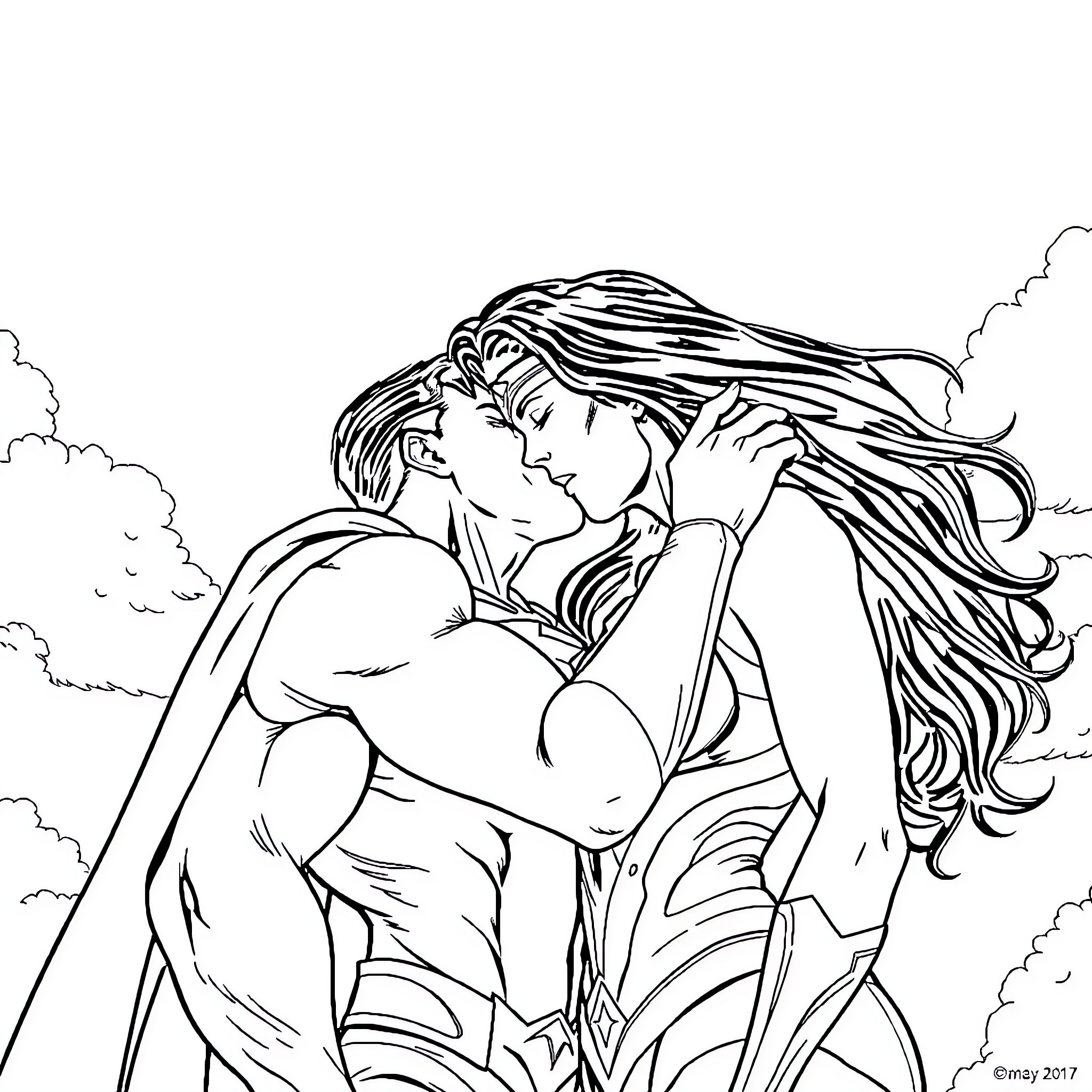Superman and Wonder Woman in a passionate embrace Coloring Page (free black-and-white line drawing printable PDF for all, from beginners to advanced learners, including children, teens, adults, and seniors)