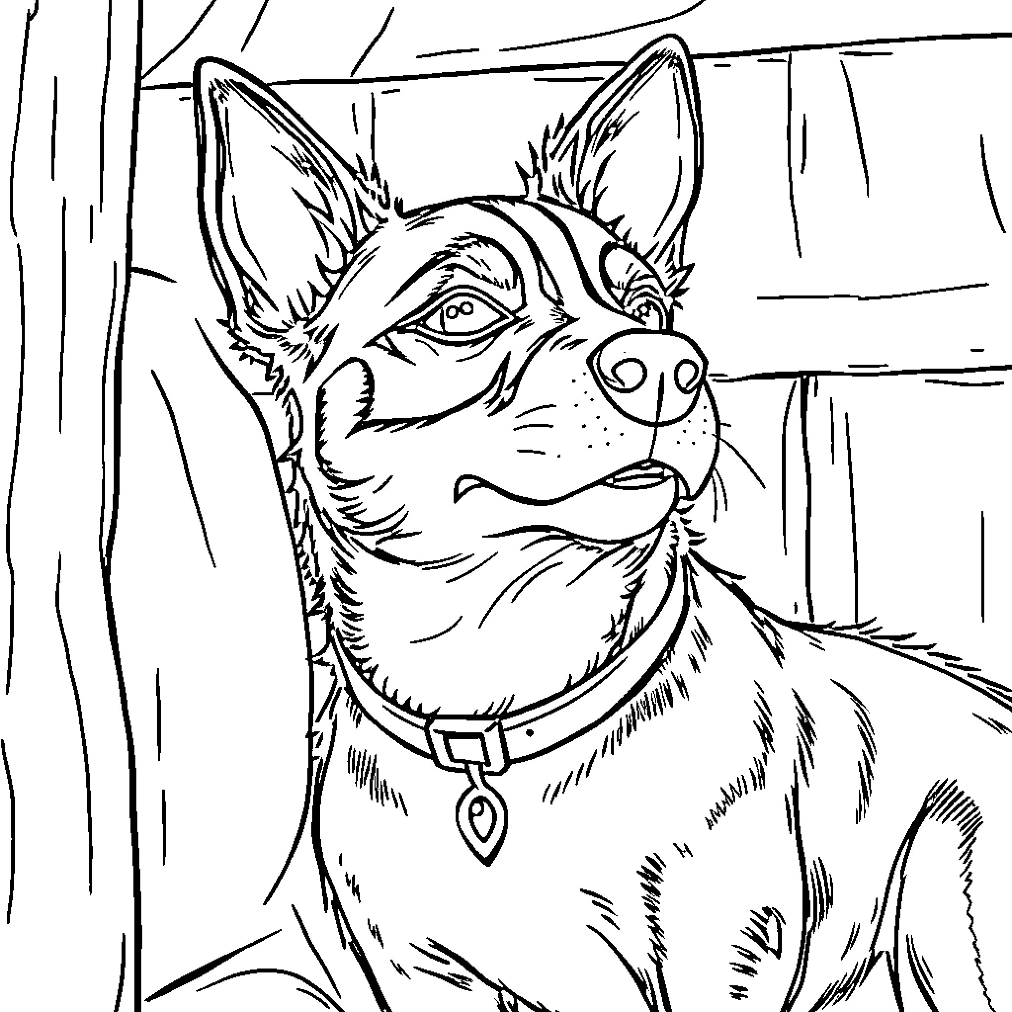 Dog gazing curiously through a window Coloring Page (free black-and-white line drawing printable PDF for all, from beginners to advanced learners, including children, teens, adults, and seniors)
