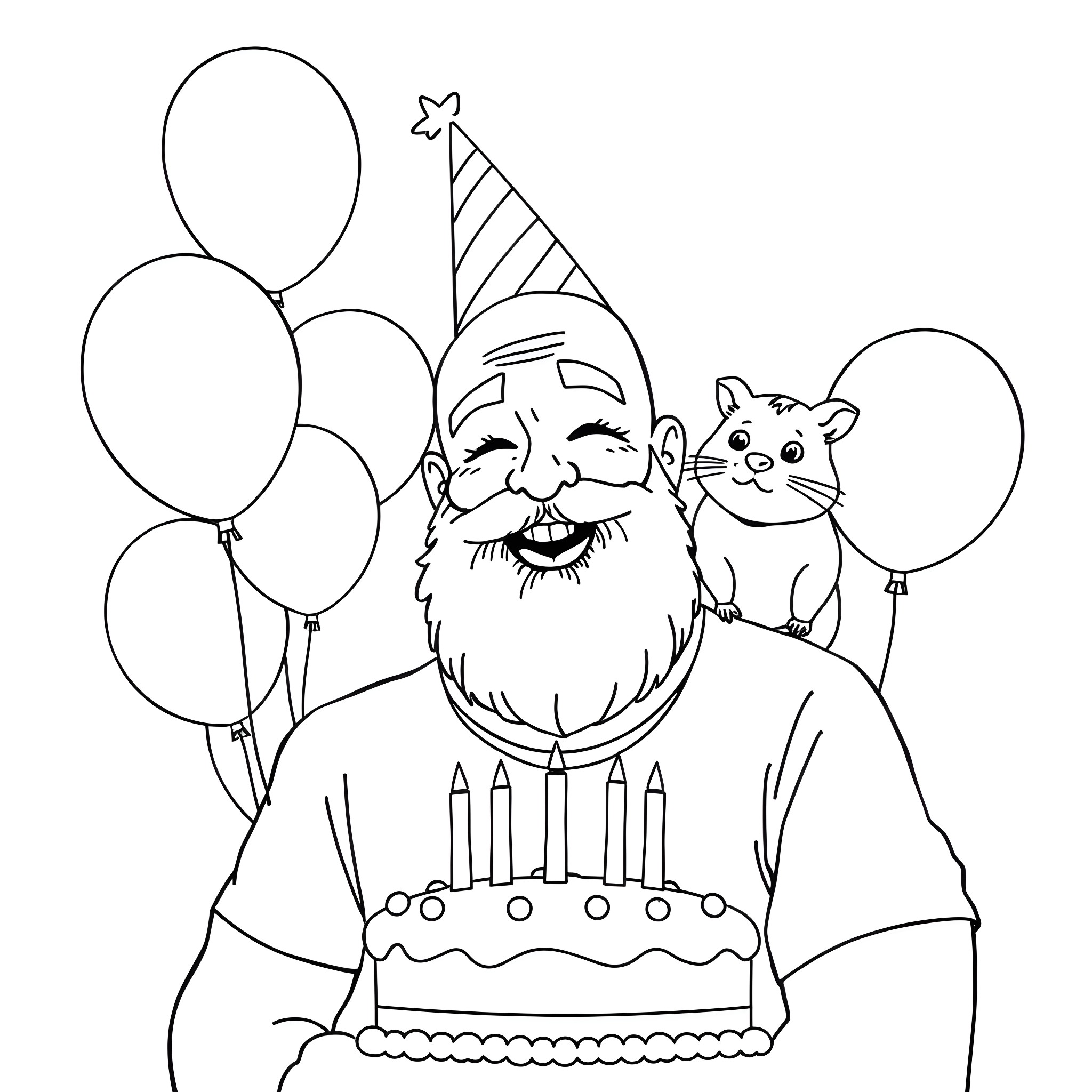 Man celebrating with cake and pet in party attire Coloring Page (free black-and-white line drawing printable PDF for all, from beginners to advanced learners, including children, teens, adults, and seniors)