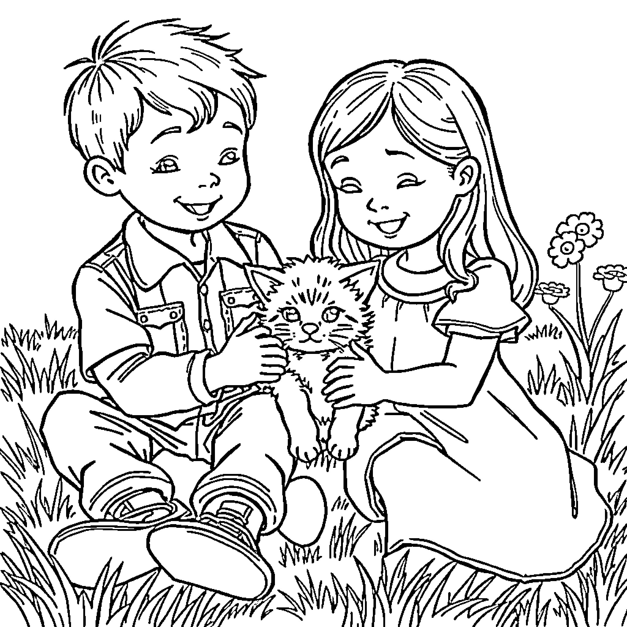 Boy and Girl Enjoying Nature with Pet Cat Coloring Page (free black-and-white line drawing printable PDF for all, from beginners to advanced learners, including children, teens, adults, and seniors)