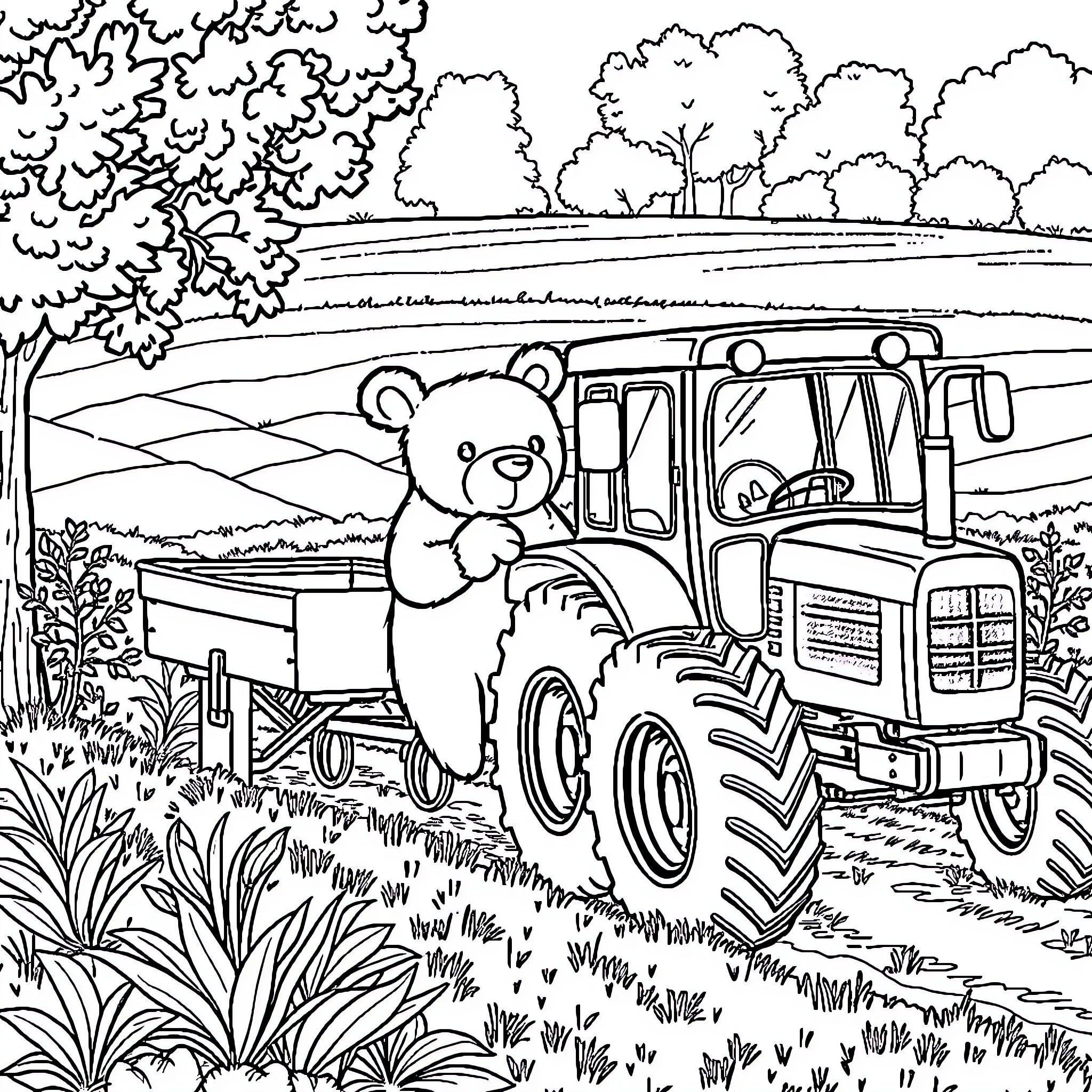Brown Bear Riding Tractor on the Farm Coloring Page (free black-and-white line drawing printable PDF for all, from beginners to advanced learners, including children, teens, adults, and seniors)