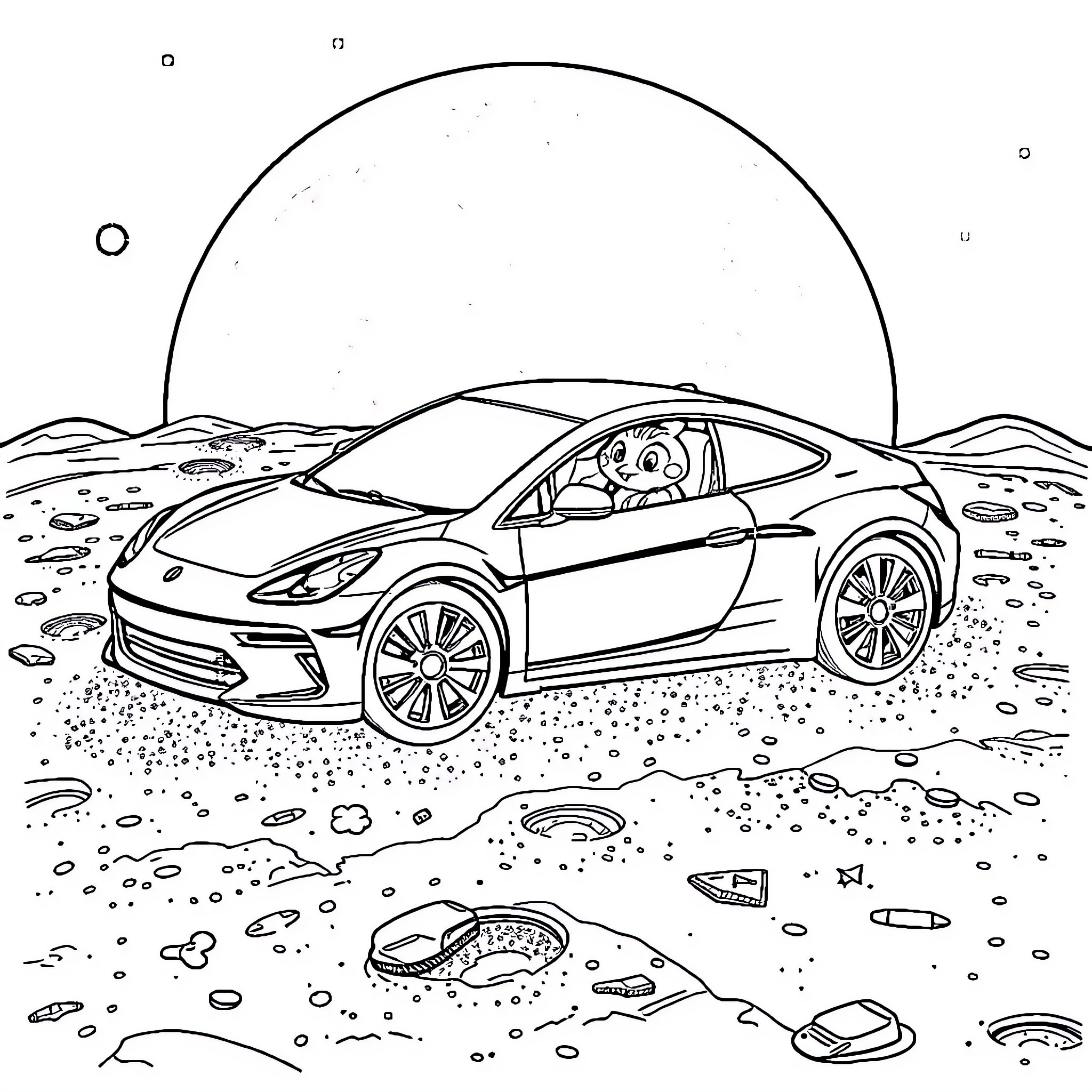Car driving through rocky desert landscape Coloring Page (free black-and-white line drawing printable PDF for all, from beginners to advanced learners, including children, teens, adults, and seniors)