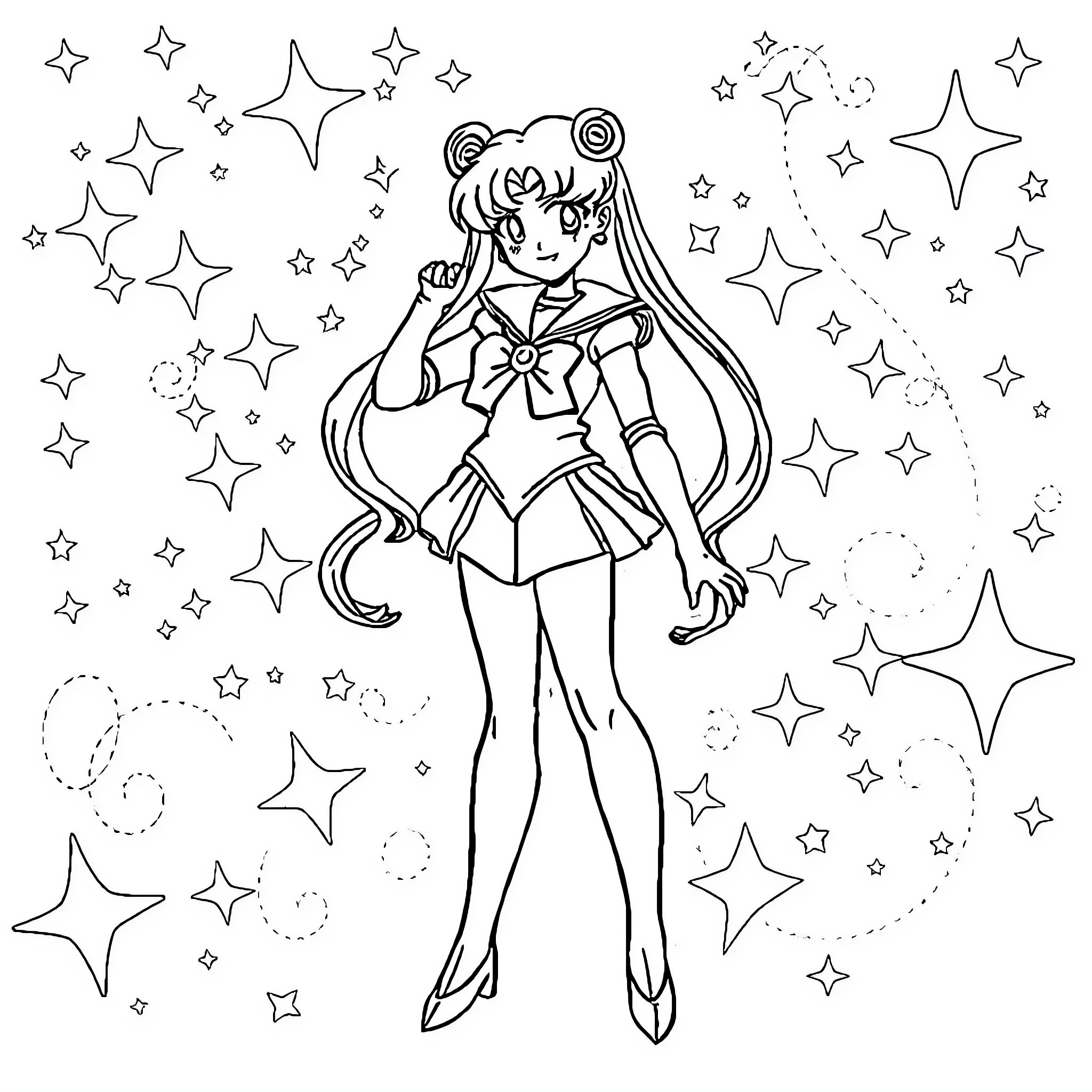 Sailor Moon in a Starry Magical Scene Coloring Page (free black-and-white line drawing printable PDF for all, from beginners to advanced learners, including children, teens, adults, and seniors)