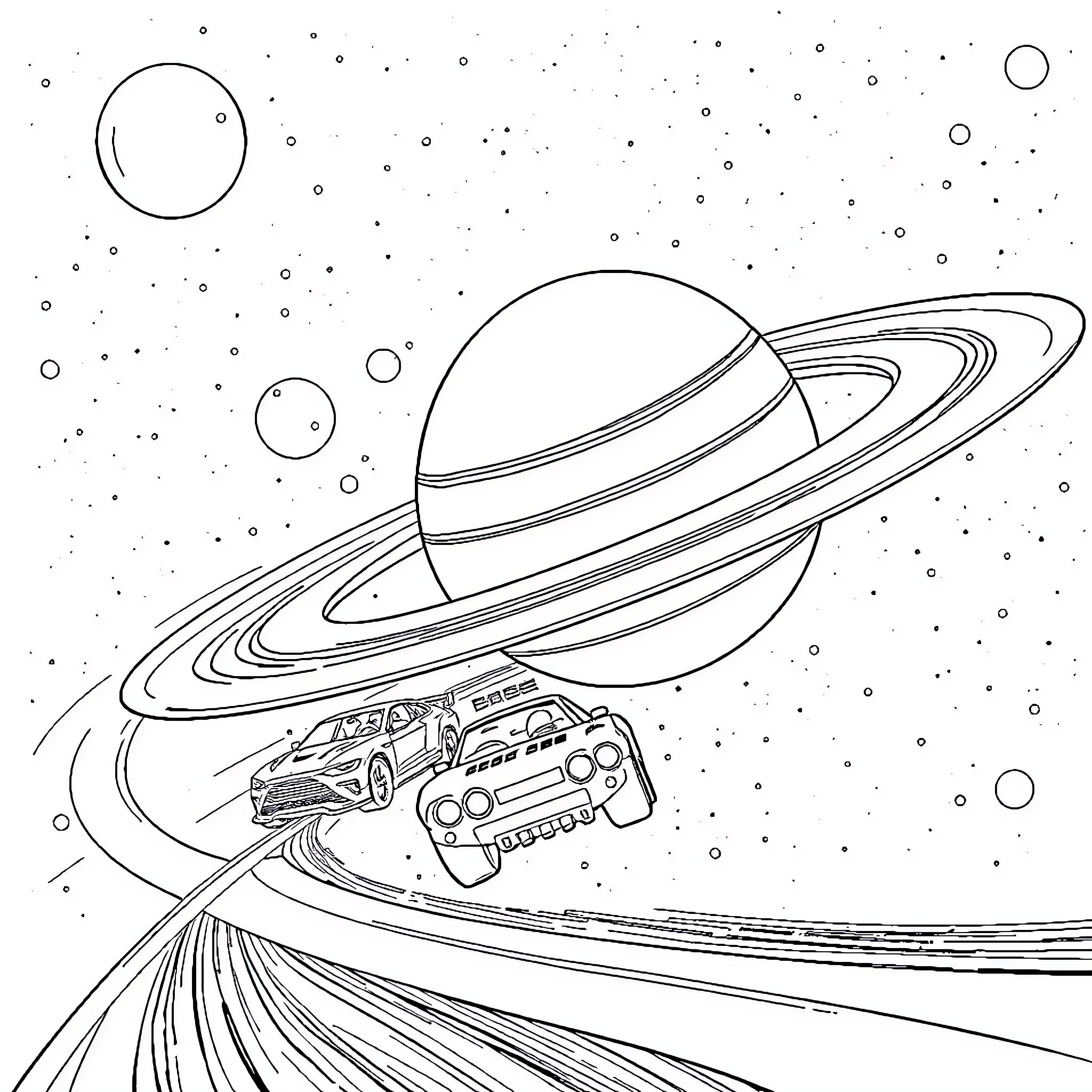 Car speeding through cosmic space Coloring Page (free black-and-white line drawing printable PDF for all, from beginners to advanced learners, including children, teens, adults, and seniors)