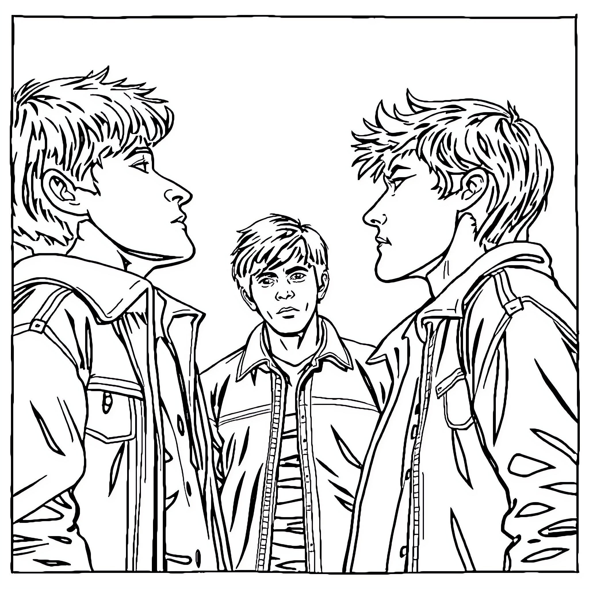Outsider friends in deep discussion Coloring Page (free black-and-white line drawing printable PDF for all, from beginners to advanced learners, including children, teens, adults, and seniors)