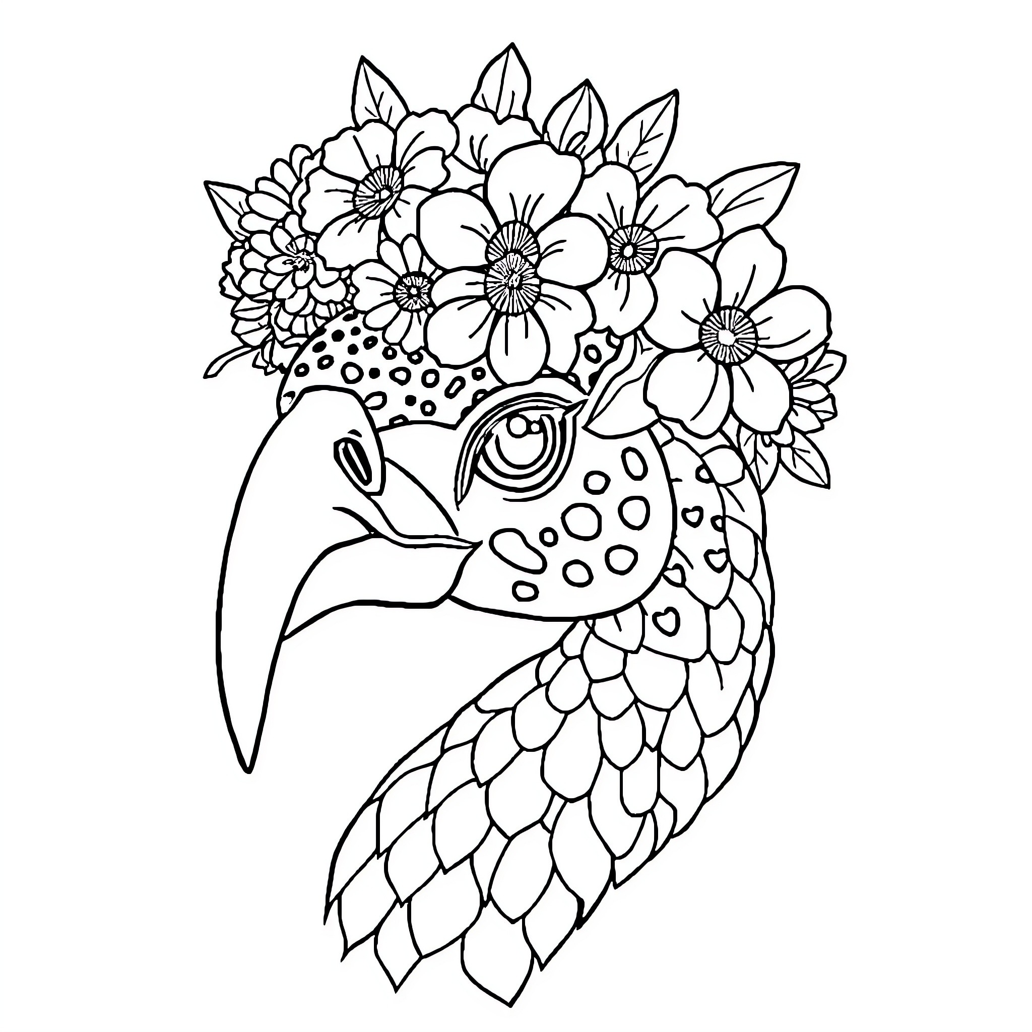 Labubu's Floral Portrait Coloring Page (free black-and-white line drawing printable PDF for all, from beginners to advanced learners, including children, teens, adults, and seniors)