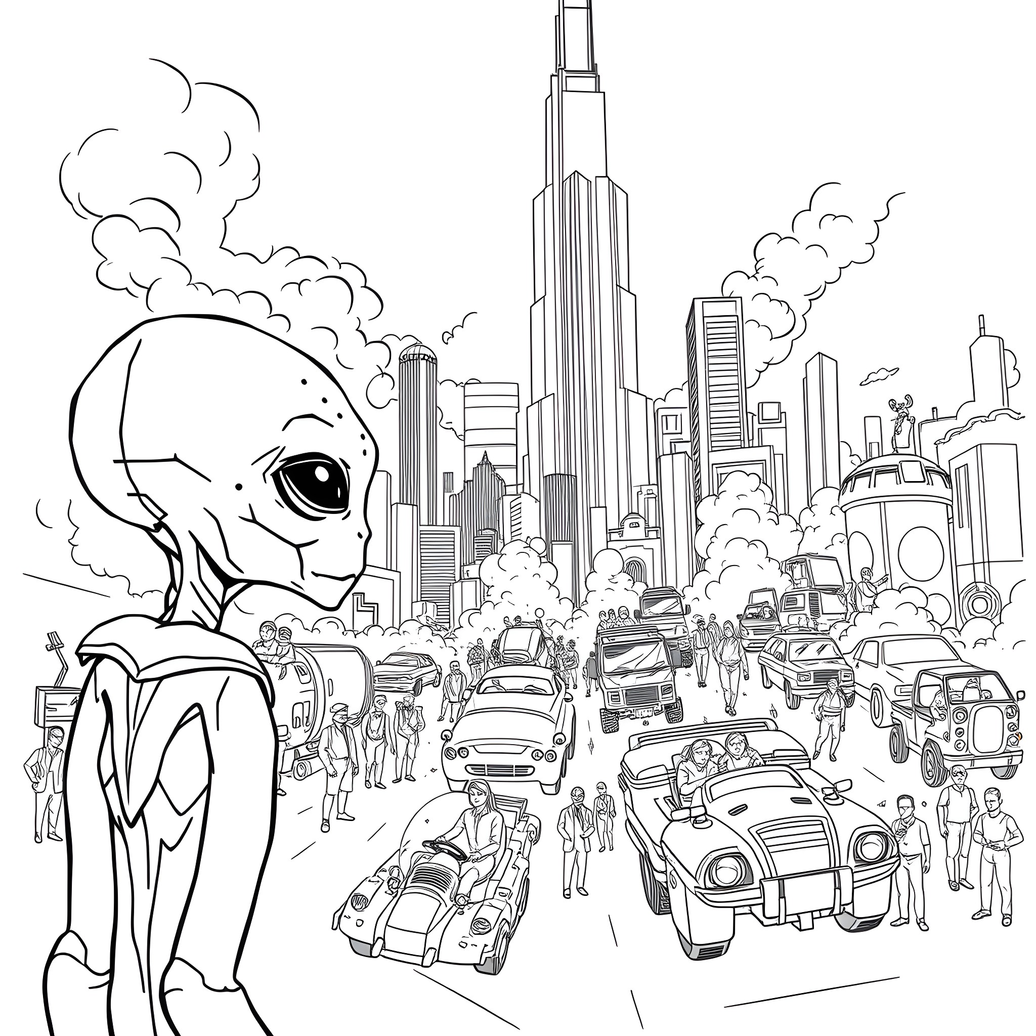 Alien exploring bustling sci-fi metropolis Coloring Page (free black-and-white line drawing printable PDF for all, from beginners to advanced learners, including children, teens, adults, and seniors)