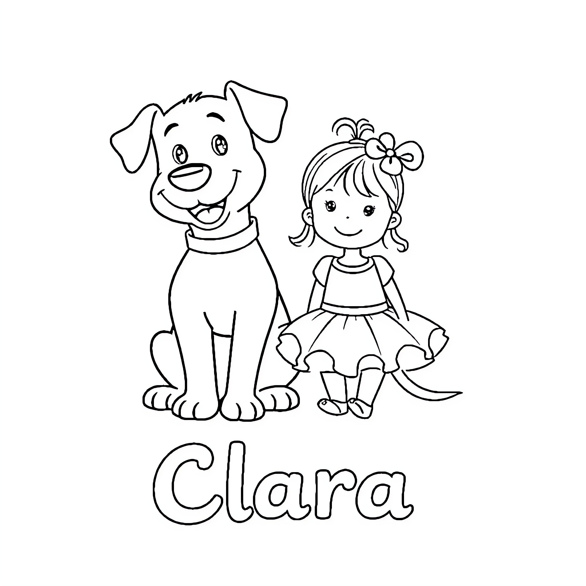 Dog and girl posing together happily Coloring Page (free black-and-white line drawing printable PDF for all, from beginners to advanced learners, including children, teens, adults, and seniors)