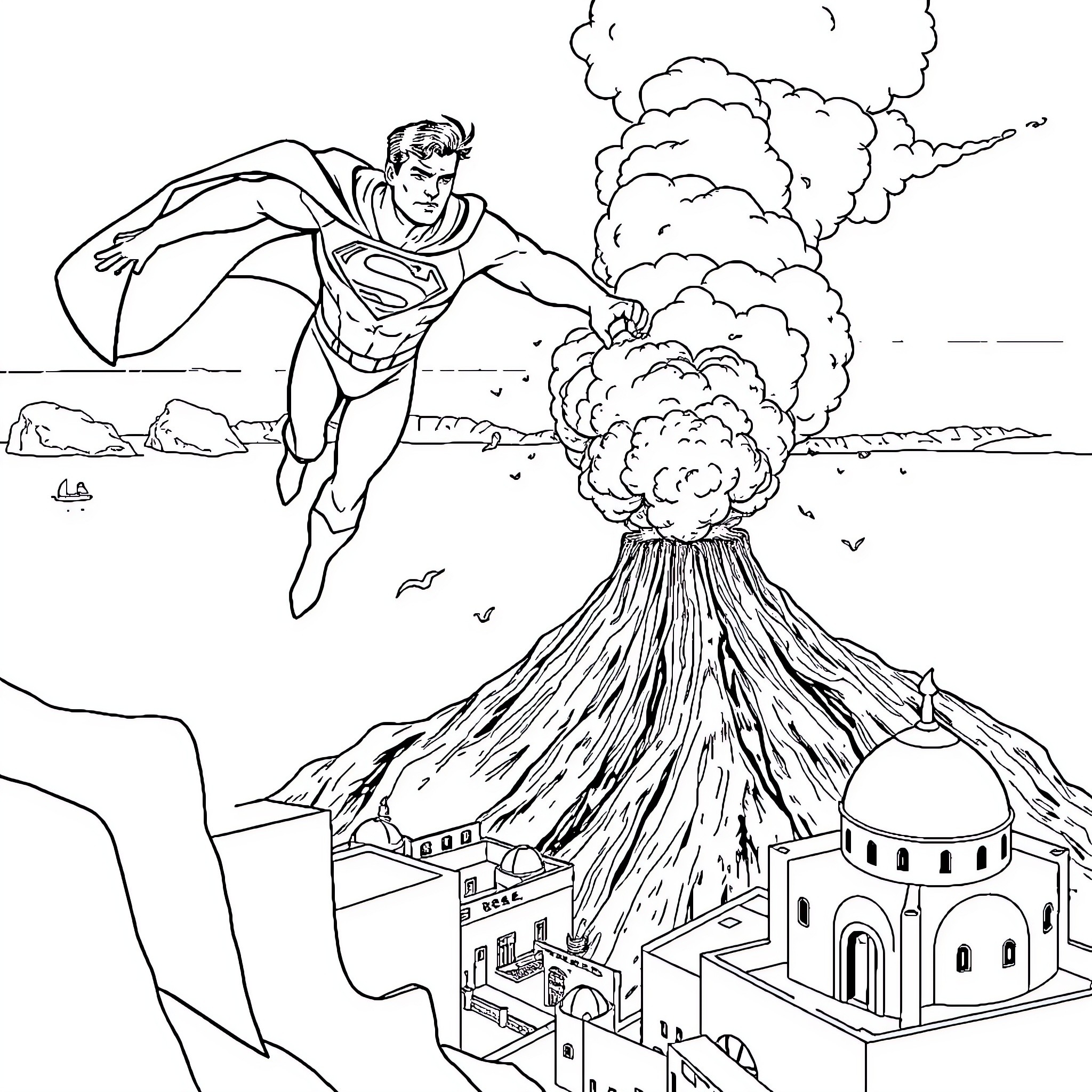 Superman saving city from volcanic eruption Coloring Page (free black-and-white line drawing printable PDF for all, from beginners to advanced learners, including children, teens, adults, and seniors)