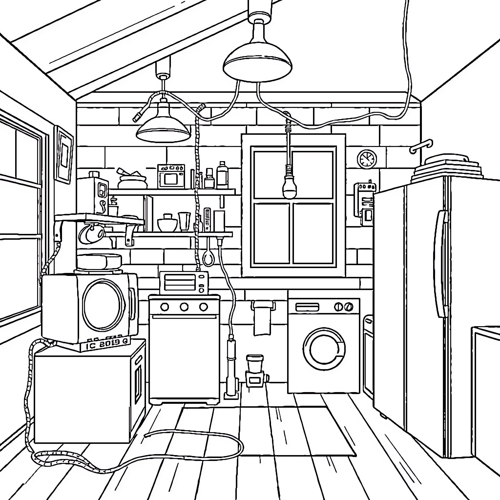 Electric Equipment Packed in a Cozy Home Interior Coloring Page (free black-and-white line drawing printable PDF for all, from beginners to advanced learners, including children, teens, adults, and seniors)