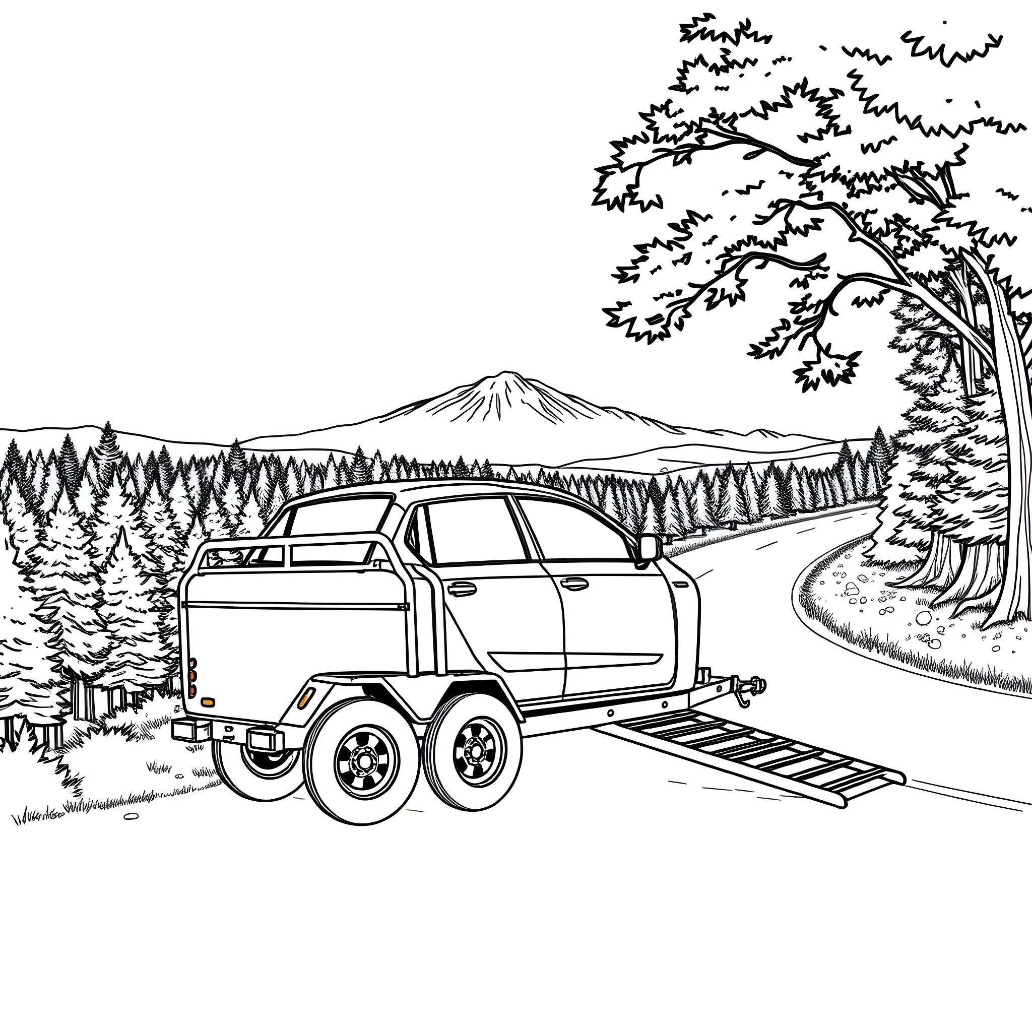 Car Trailer in the Scenic Mountain Landscape Coloring Page (free black-and-white line drawing printable PDF for all, from beginners to advanced learners, including children, teens, adults, and seniors)
