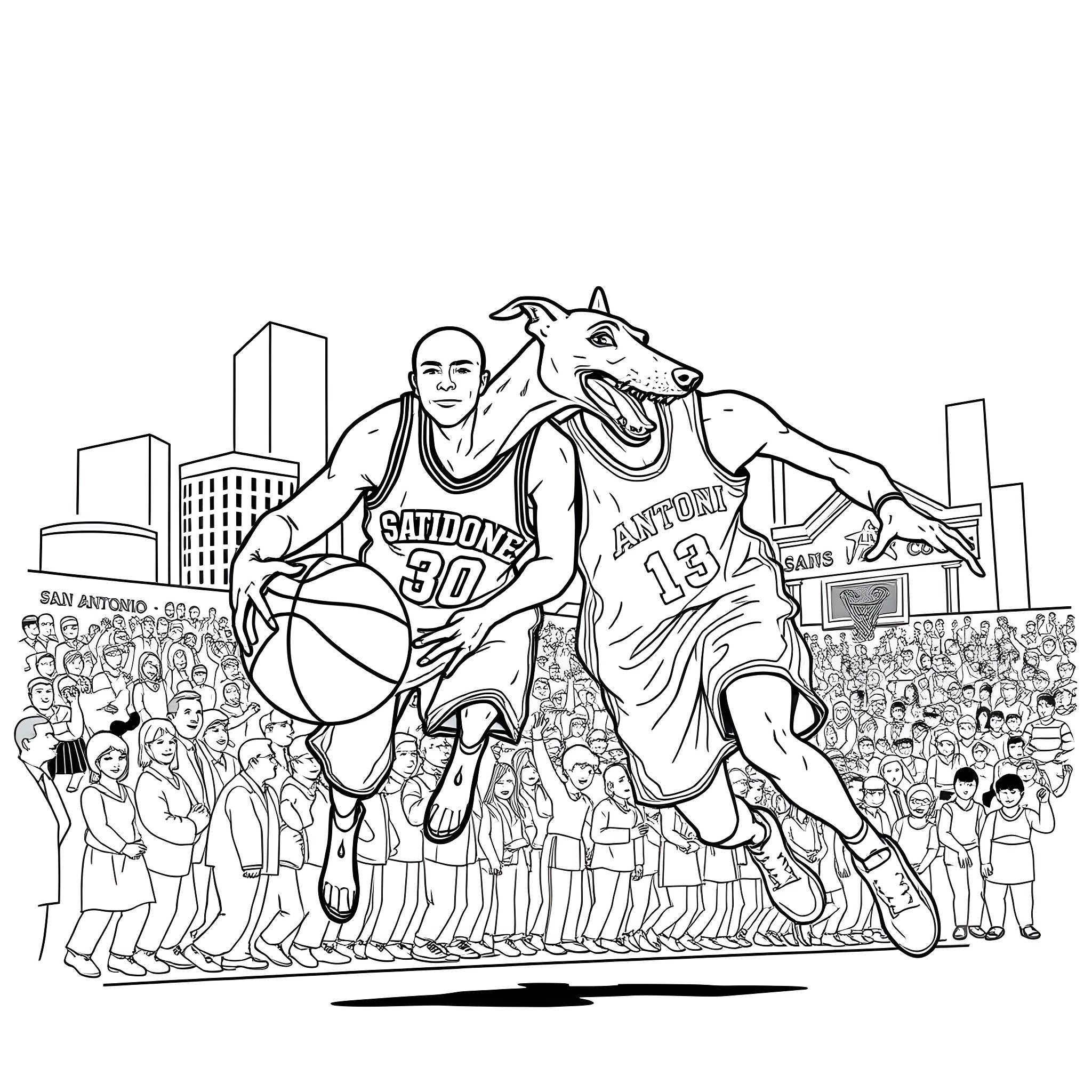 Greyhound basketball player dribbling through the crowd Coloring Page (free black-and-white line drawing printable PDF for all, from beginners to advanced learners, including children, teens, adults, and seniors)