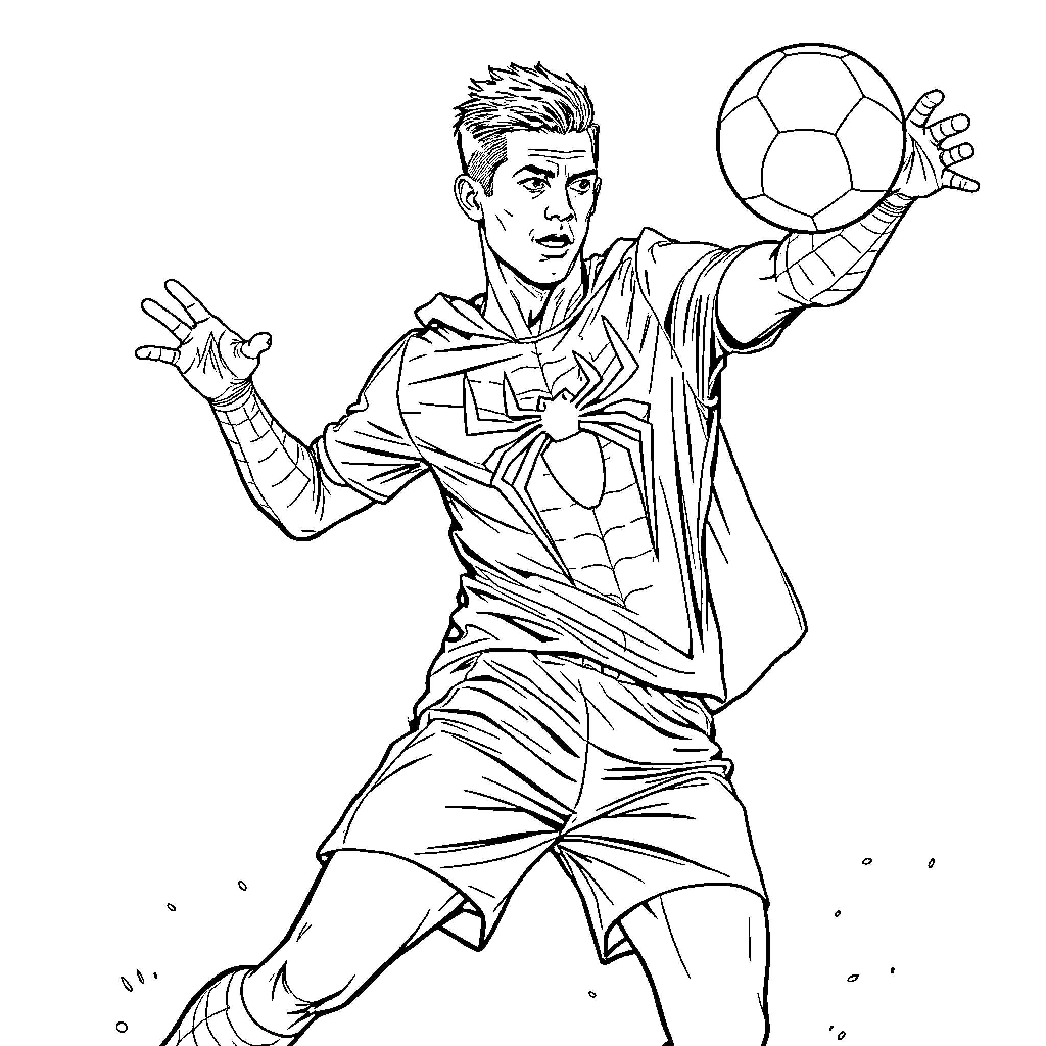 Ronaldo's Impressive Soccer Skills on Display Coloring Page (free black-and-white line drawing printable PDF for all, from beginners to advanced learners, including children, teens, adults, and seniors)