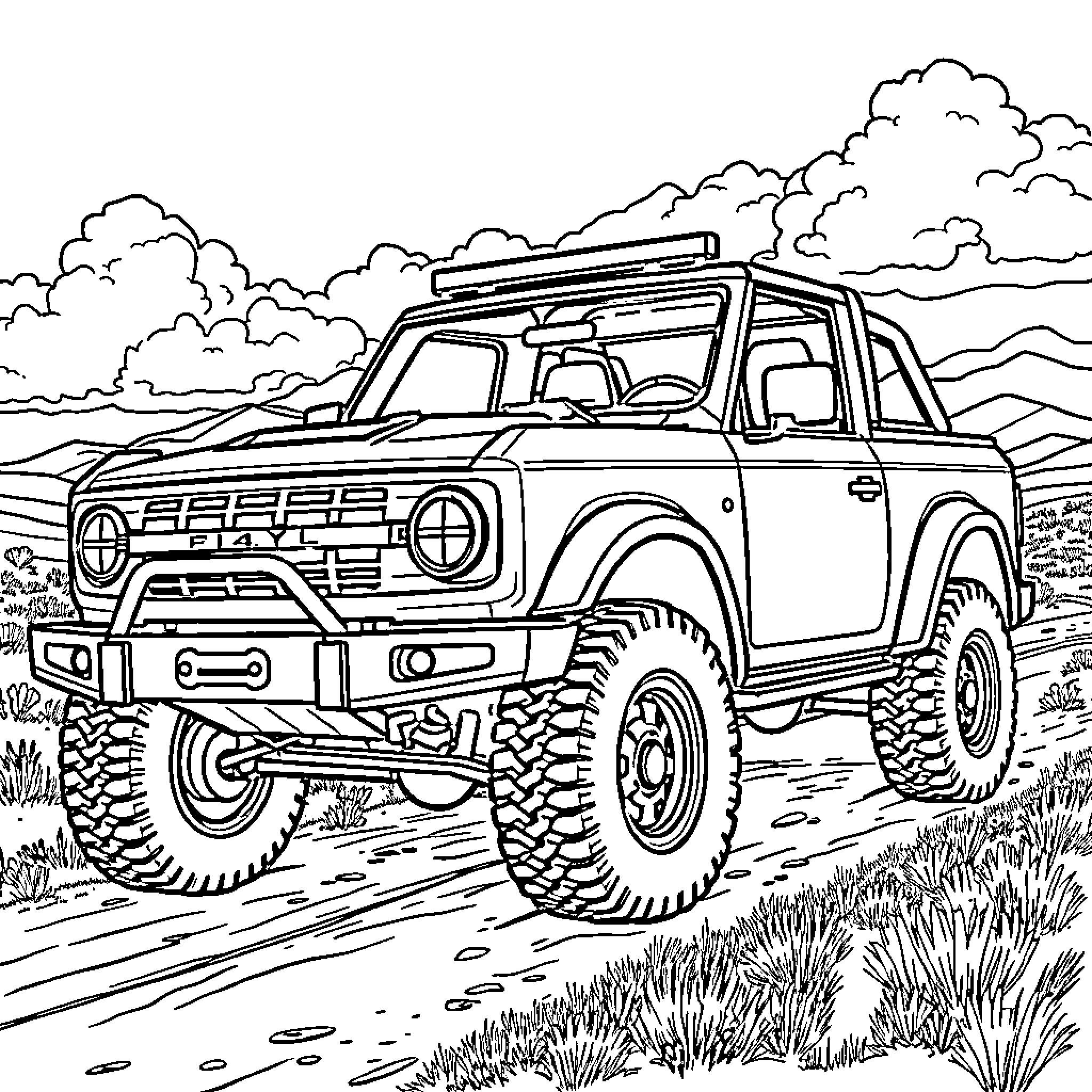 Bronco Offroading Adventure in the Mountains Coloring Page (free black-and-white line drawing printable PDF for all, from beginners to advanced learners, including children, teens, adults, and seniors)
