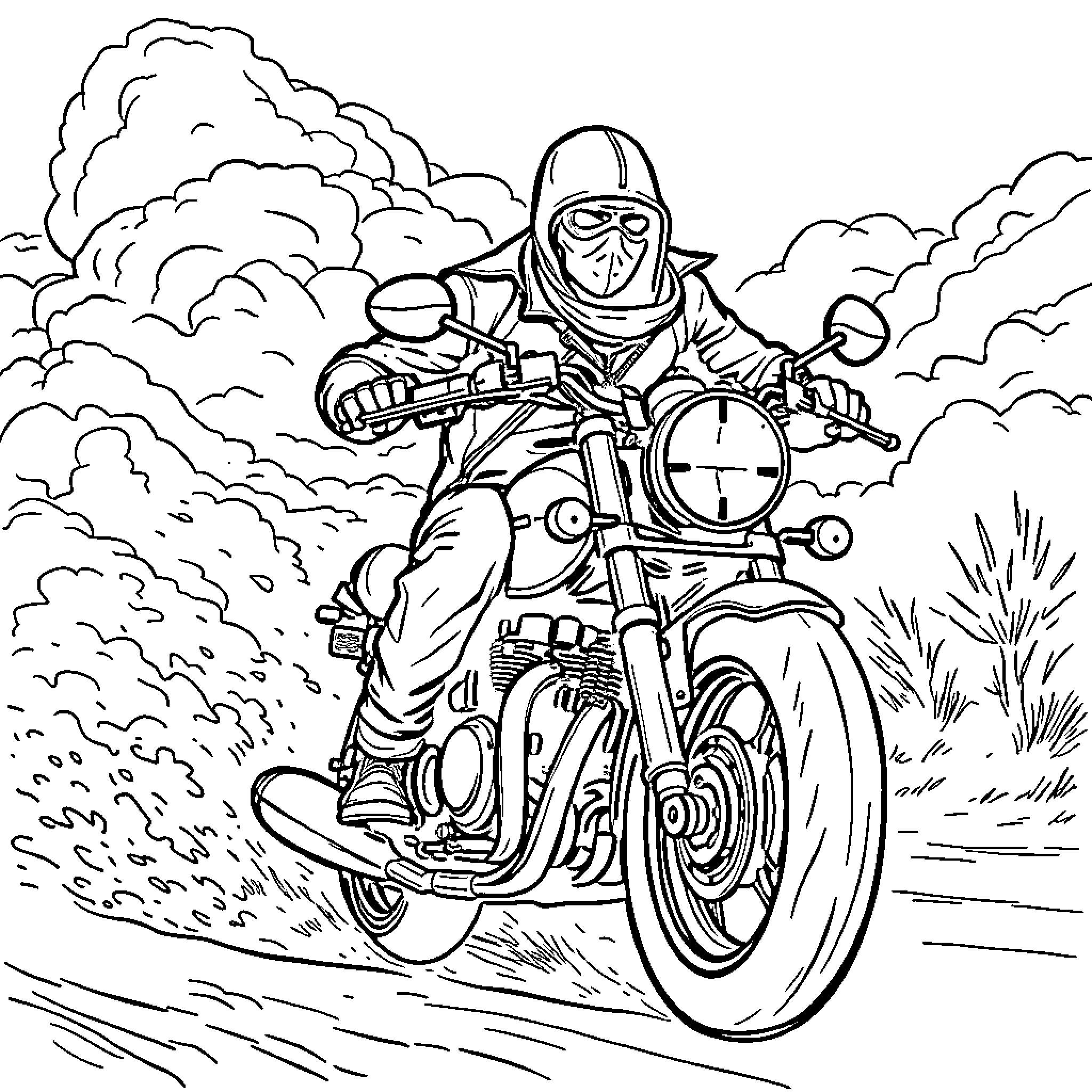 Bandit speeding through the countryside on a motorcycle Coloring Page (free black-and-white line drawing printable PDF for all, from beginners to advanced learners, including children, teens, adults, and seniors)