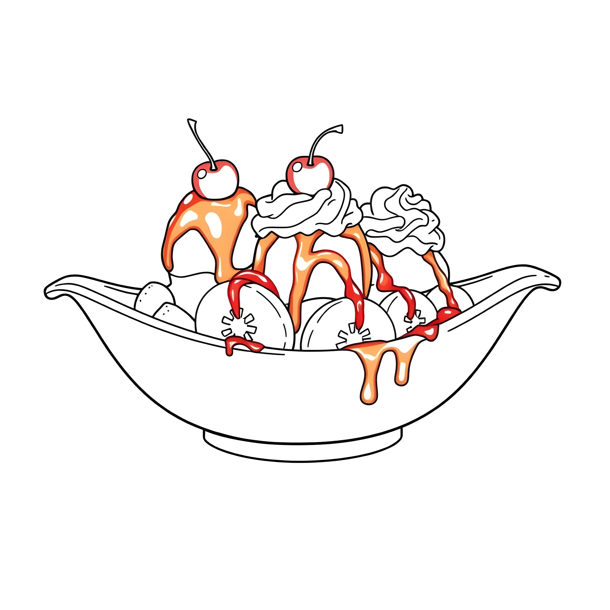 Banana Split with Whipped Cream and Cherries Coloring Page (free black-and-white line drawing printable PDF for all, from beginners to advanced learners, including children, teens, adults, and seniors)