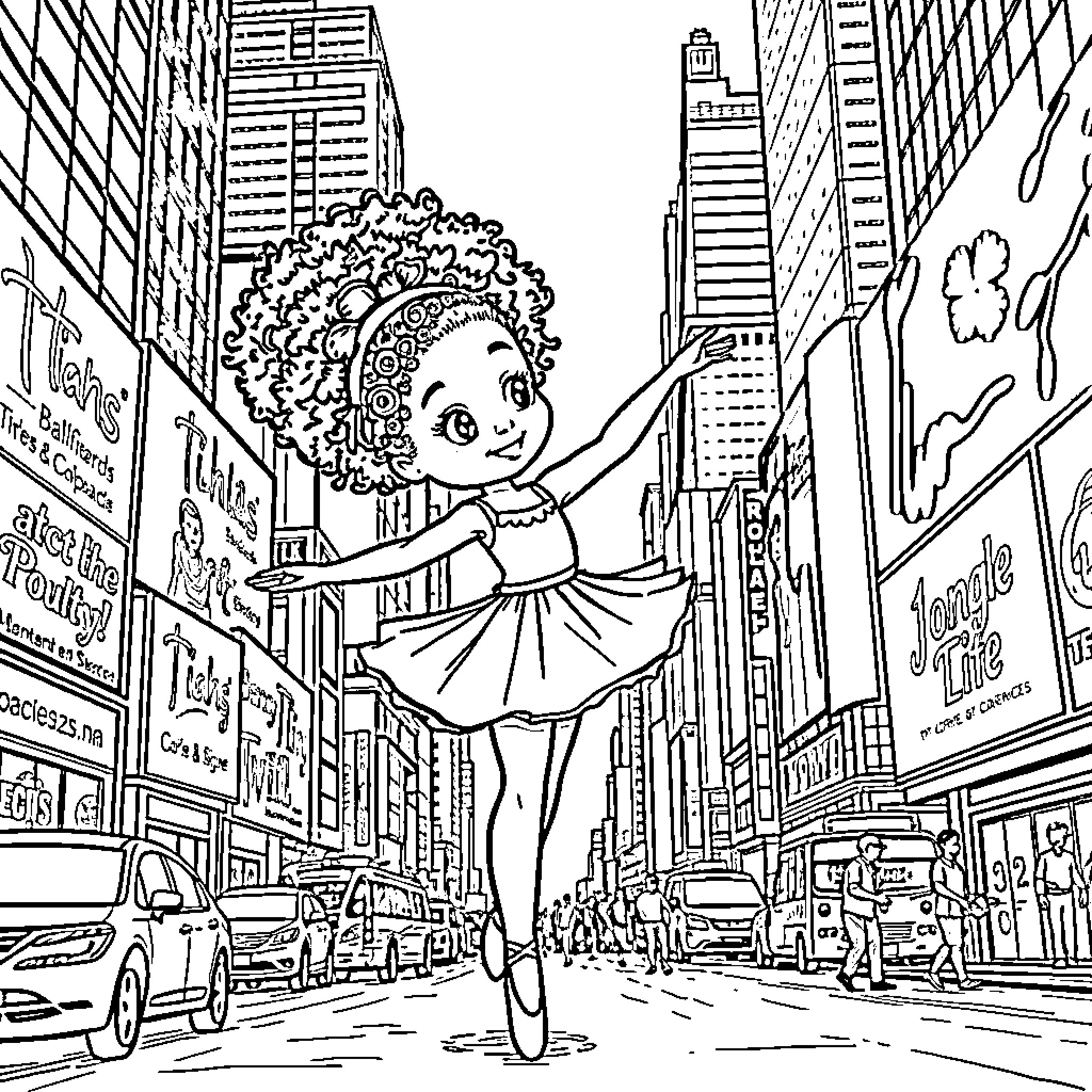 Ballerina dancing joyfully in the city streets Coloring Page (free black-and-white line drawing printable PDF for all, from beginners to advanced learners, including children, teens, adults, and seniors)