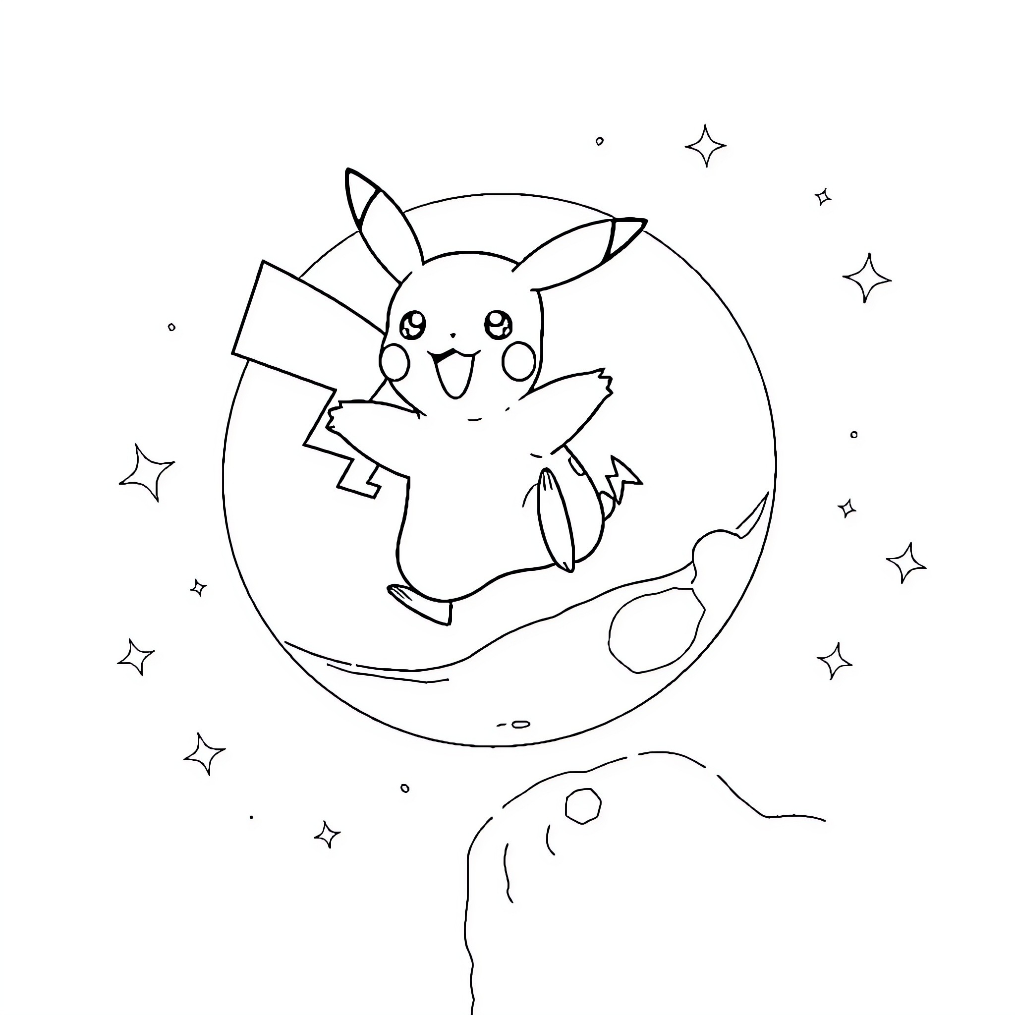 Pikachu floating in starry night sky Coloring Page (free black-and-white line drawing printable PDF for all, from beginners to advanced learners, including children, teens, adults, and seniors)