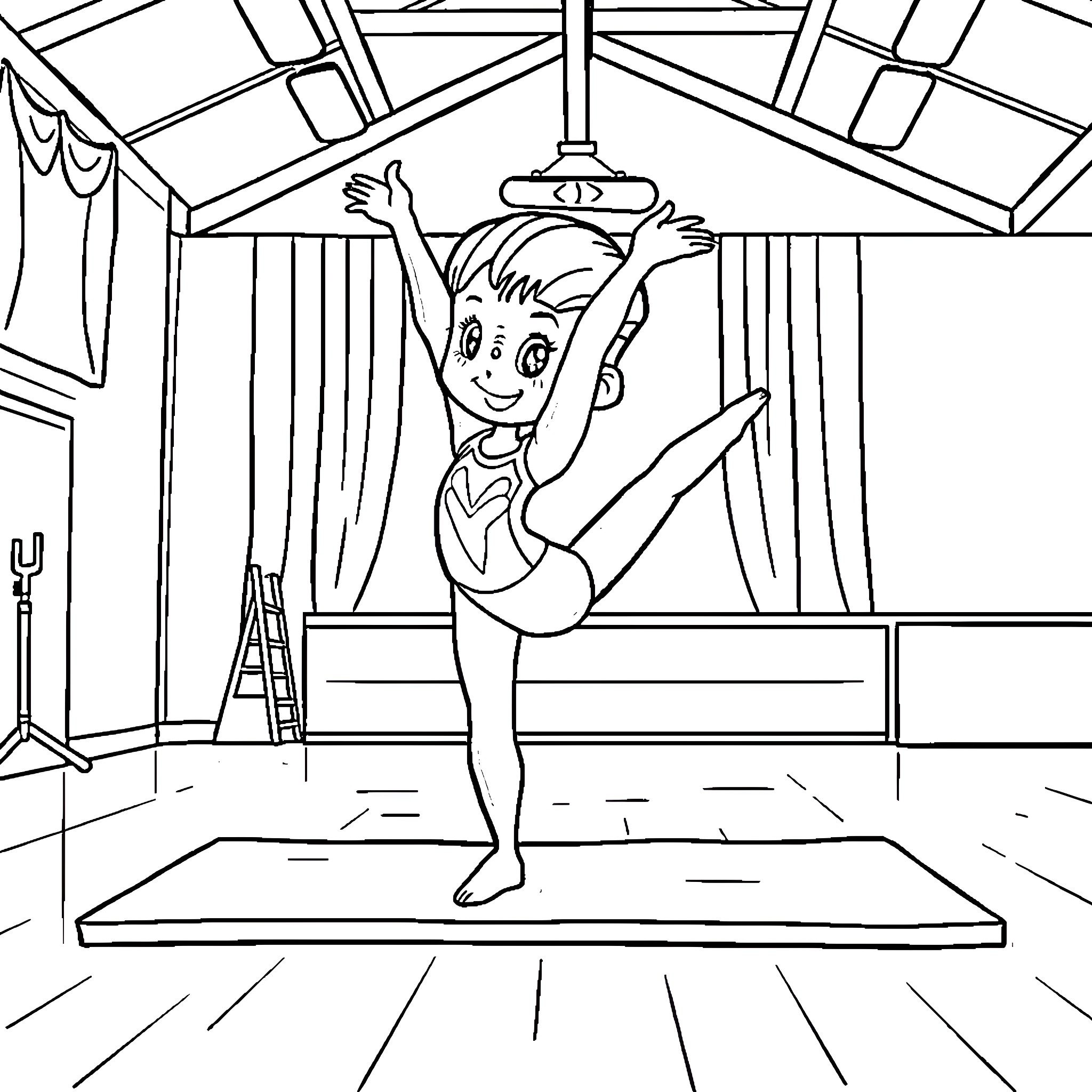 Bluey doing gymnastics in a studio Coloring Page (free black-and-white line drawing printable PDF for all, from beginners to advanced learners, including children, teens, adults, and seniors)