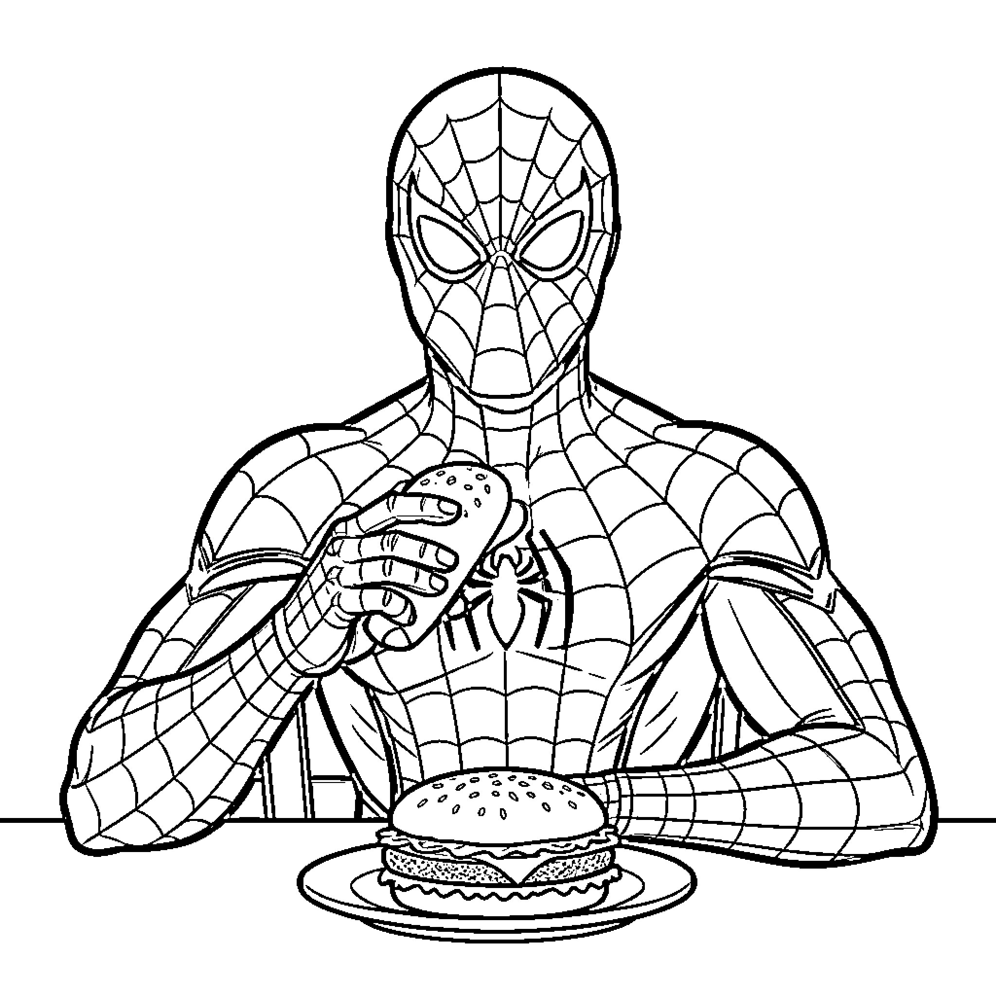 Spiderman sitting at a table eating a hamburger Coloring Page (free black-and-white line drawing printable PDF for all, from beginners to advanced learners, including children, teens, adults, and seniors)