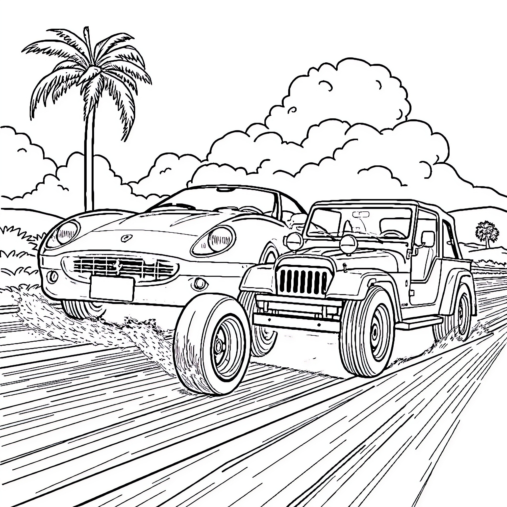 Ferrari Drives Through Tropical Landscape Coloring Page (free black-and-white line drawing printable PDF for all, from beginners to advanced learners, including children, teens, adults, and seniors)