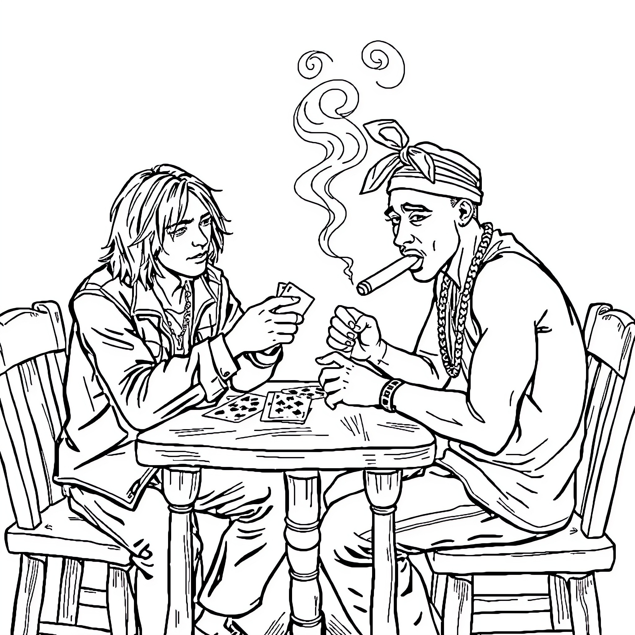 Kurt Cobain and friend enjoying a casual conversation Coloring Page (free black-and-white line drawing printable PDF for all, from beginners to advanced learners, including children, teens, adults, and seniors)