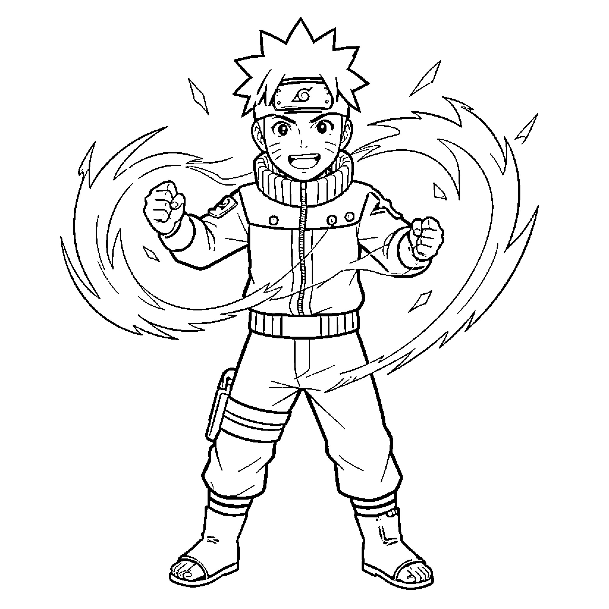 Naruto in action-packed ninja pose Coloring Page (free black-and-white line drawing printable PDF for all, from beginners to advanced learners, including children, teens, adults, and seniors)