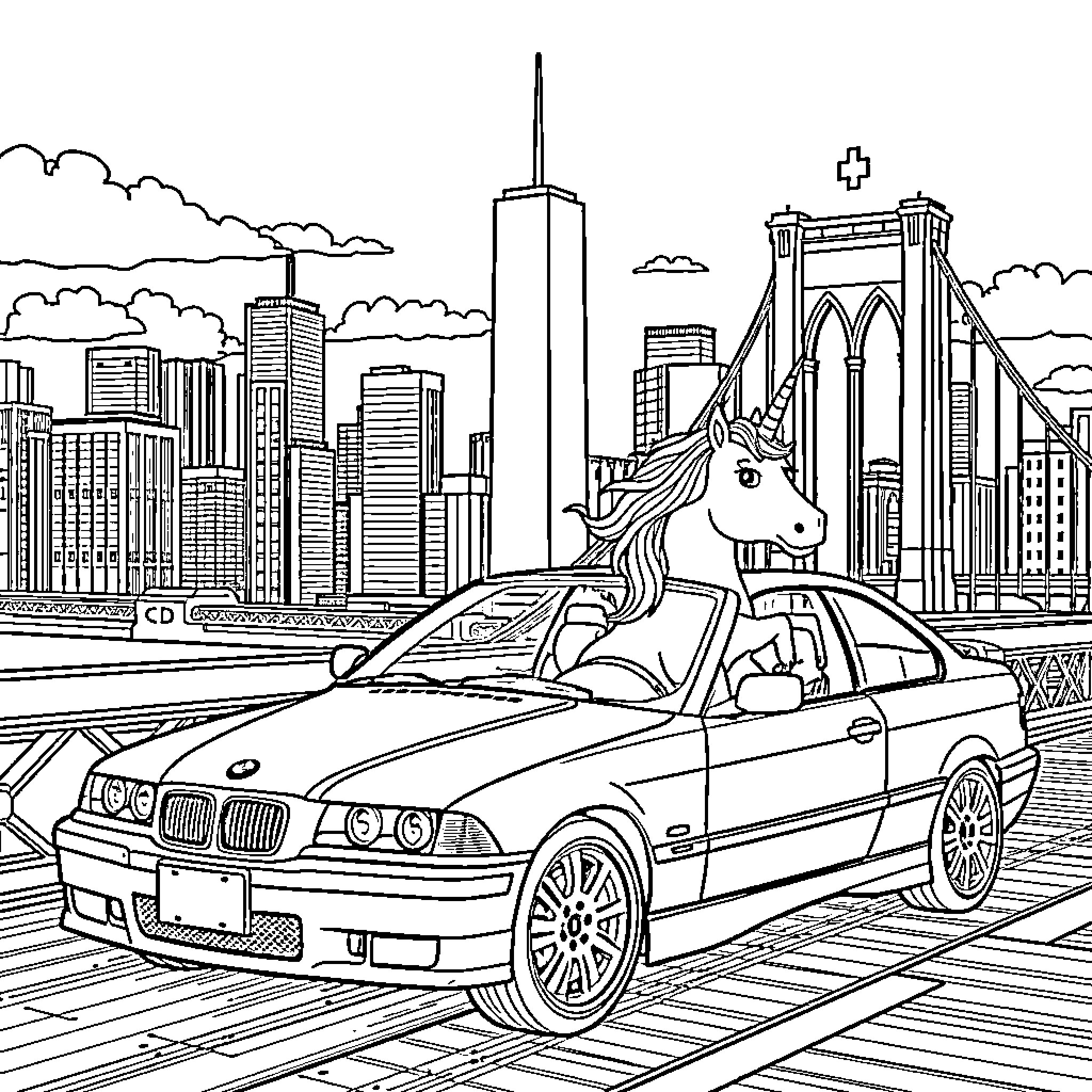 Unicorn riding an automobile through the city Coloring Page (free black-and-white line drawing printable PDF for all, from beginners to advanced learners, including children, teens, adults, and seniors)