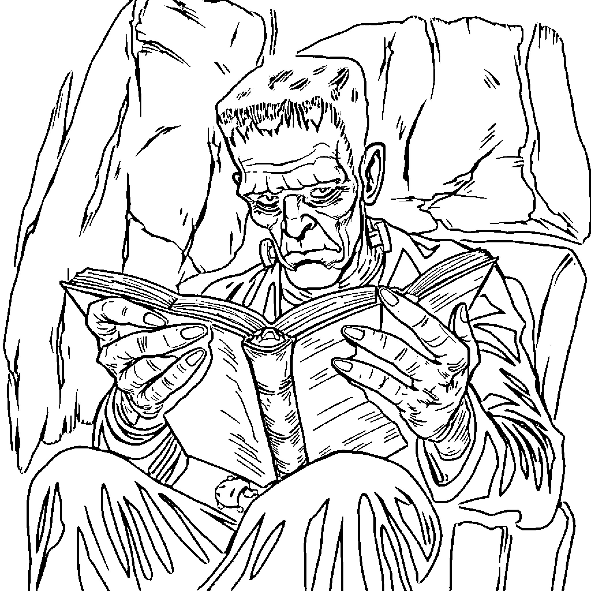 Frankenstein reading a mysterious book in the shadows Coloring Page (free black-and-white line drawing printable PDF for all, from beginners to advanced learners, including children, teens, adults, and seniors)