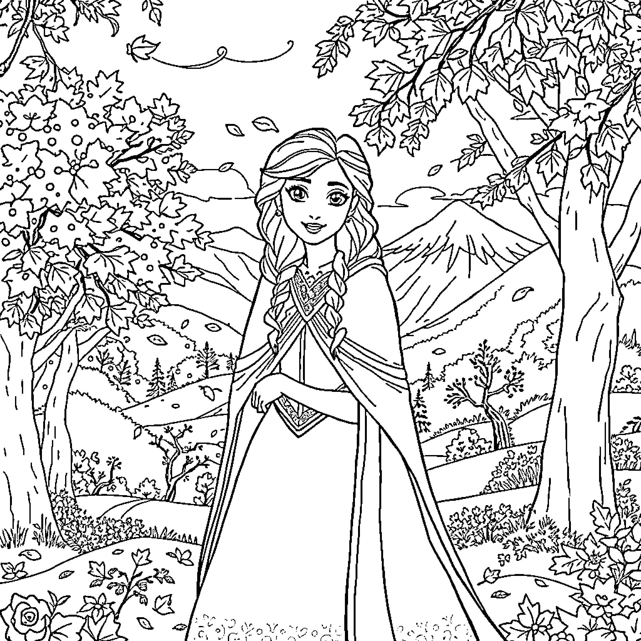 Anna exploring the enchanting forest landscape Coloring Page (free black-and-white line drawing printable PDF for all, from beginners to advanced learners, including children, teens, adults, and seniors)