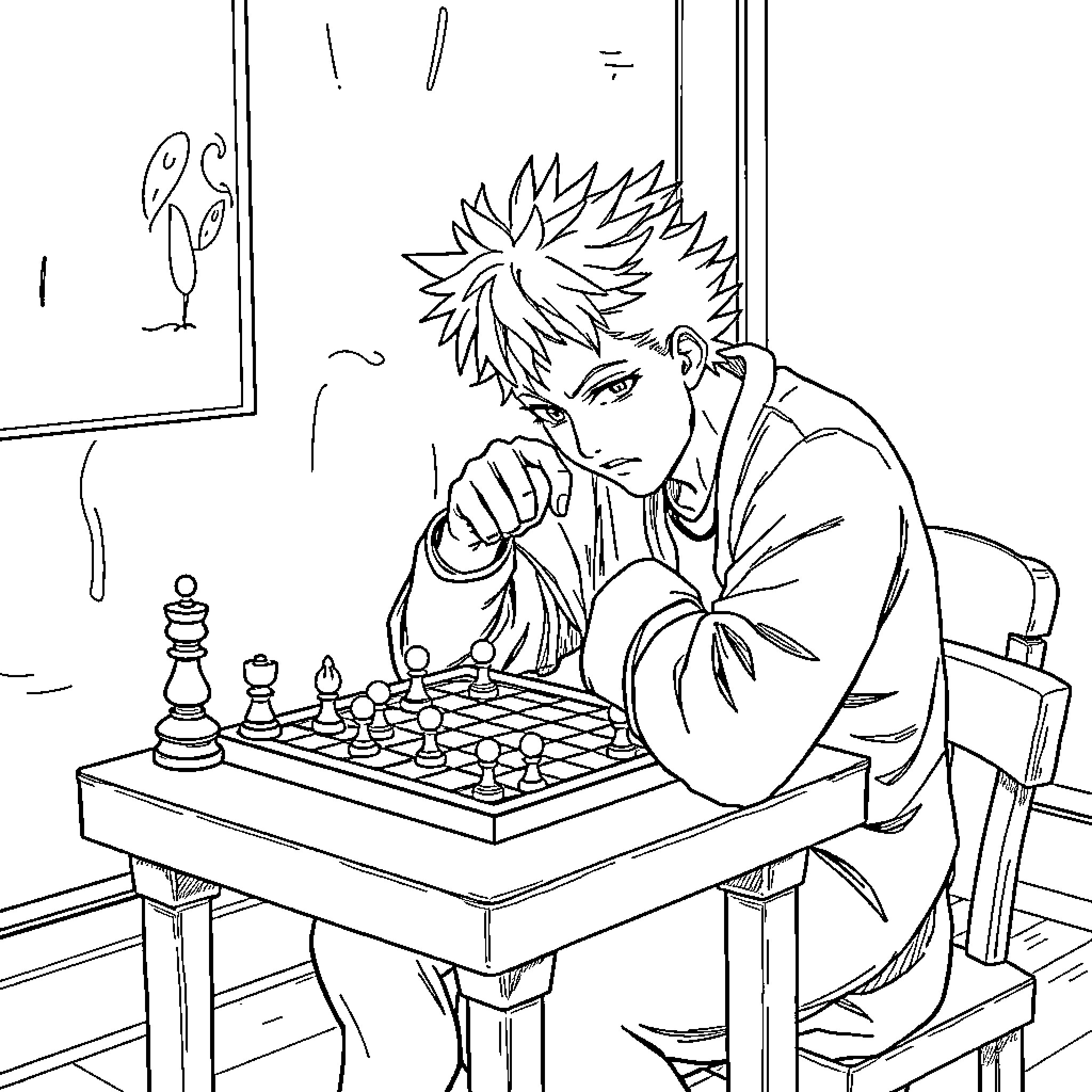 Bakugo intently playing chess Coloring Page (free black-and-white line drawing printable PDF for all, from beginners to advanced learners, including children, teens, adults, and seniors)