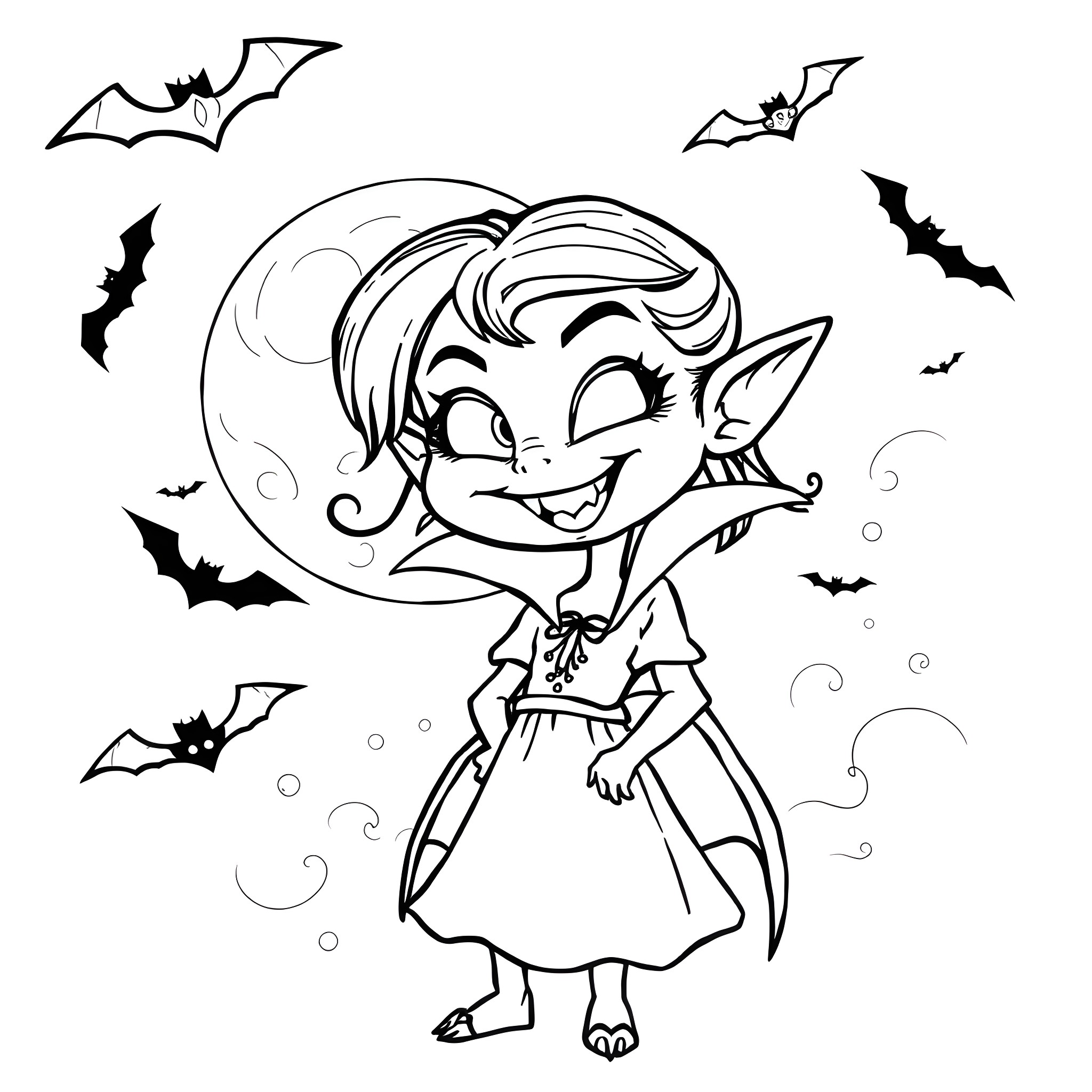 Vampire Elf Delighted in Moonlight Coloring Page (free black-and-white line drawing printable PDF for all, from beginners to advanced learners, including children, teens, adults, and seniors)