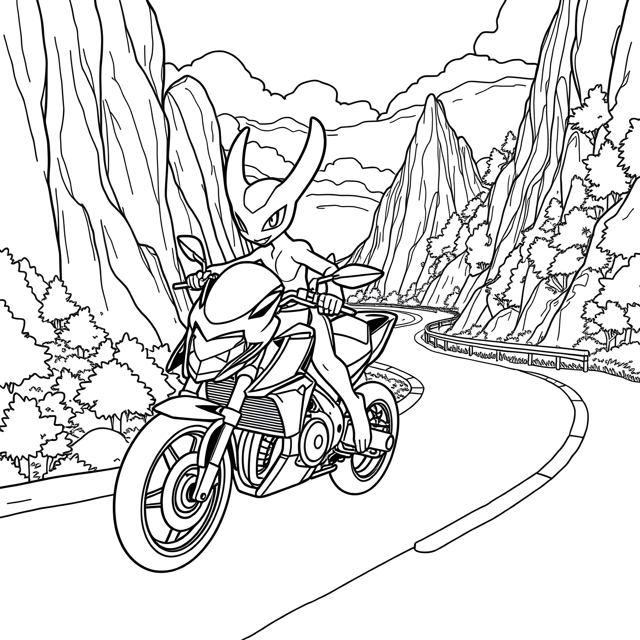 Mewtwo riding a motorcycle through a mountainous landscape Coloring Page (free black-and-white line drawing printable PDF for all, from beginners to advanced learners, including children, teens, adults, and seniors)