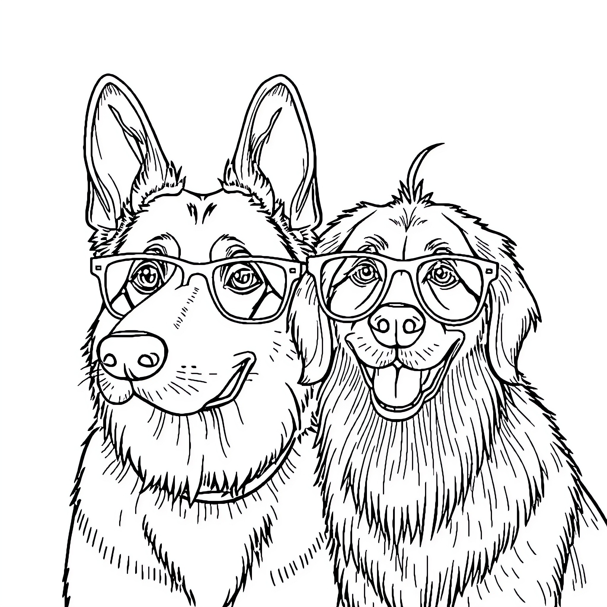 Dogs wearing stylish glasses and smiling Coloring Page (free black-and-white line drawing printable PDF for all, from beginners to advanced learners, including children, teens, adults, and seniors)