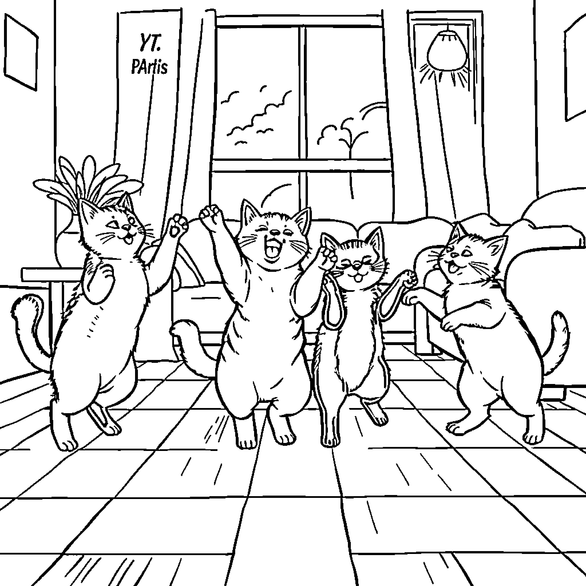 Cats celebrating in a cozy room Coloring Page (free black-and-white line drawing printable PDF for all, from beginners to advanced learners, including children, teens, adults, and seniors)