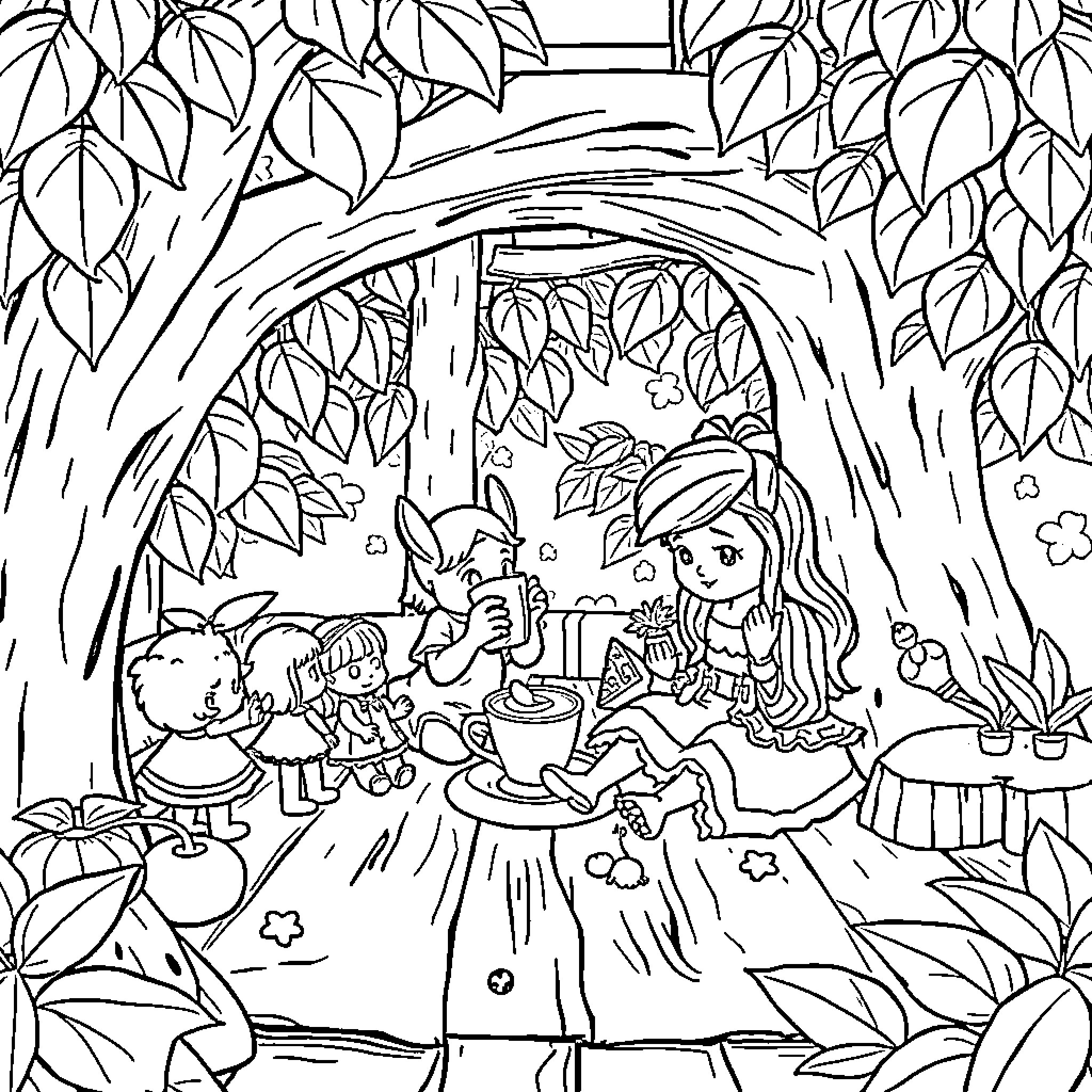 Doll friends enjoying a picnic in the forest Coloring Page (free black-and-white line drawing printable PDF for all, from beginners to advanced learners, including children, teens, adults, and seniors)