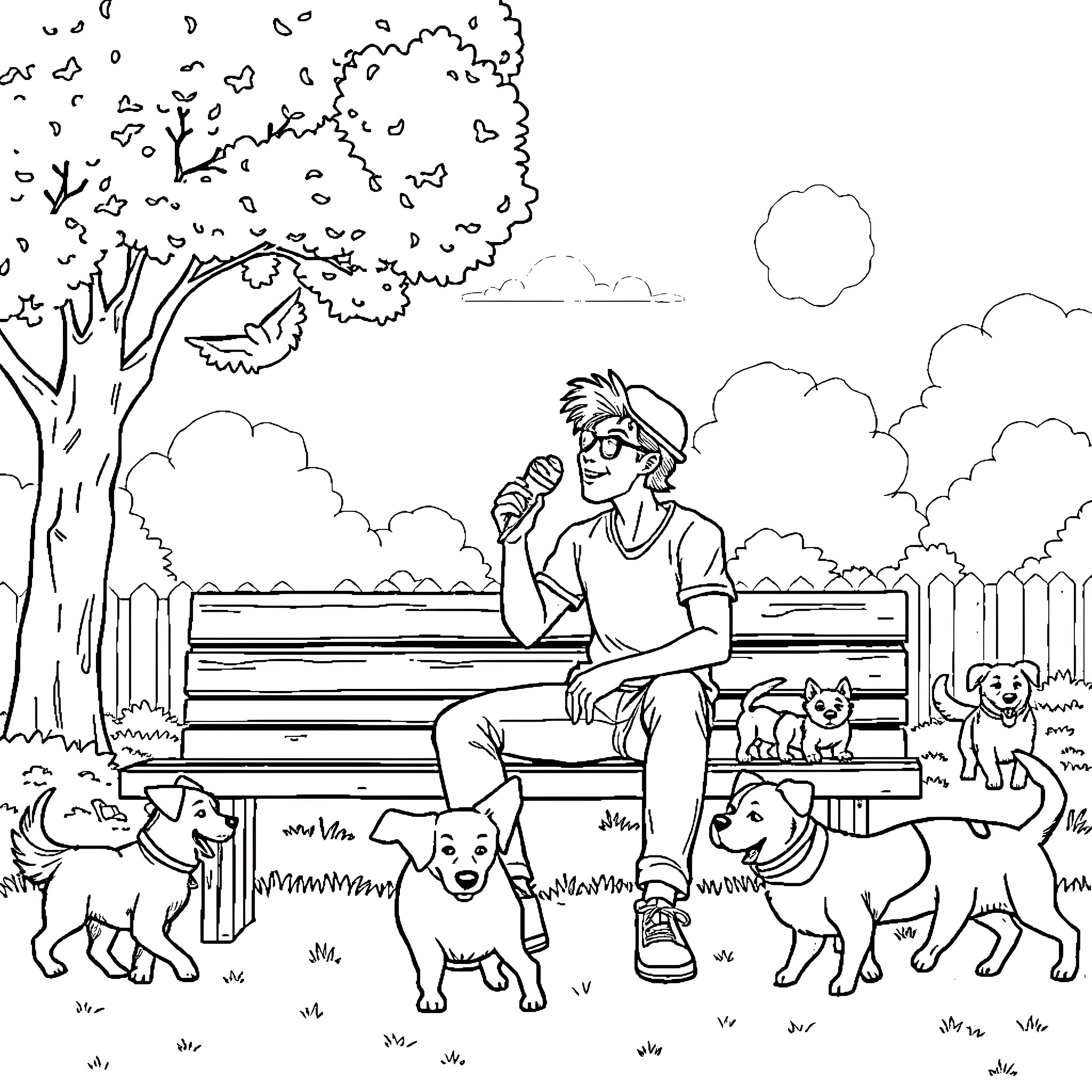 Singer performing with dogs in a park Coloring Page (free black-and-white line drawing printable PDF for all, from beginners to advanced learners, including children, teens, adults, and seniors)