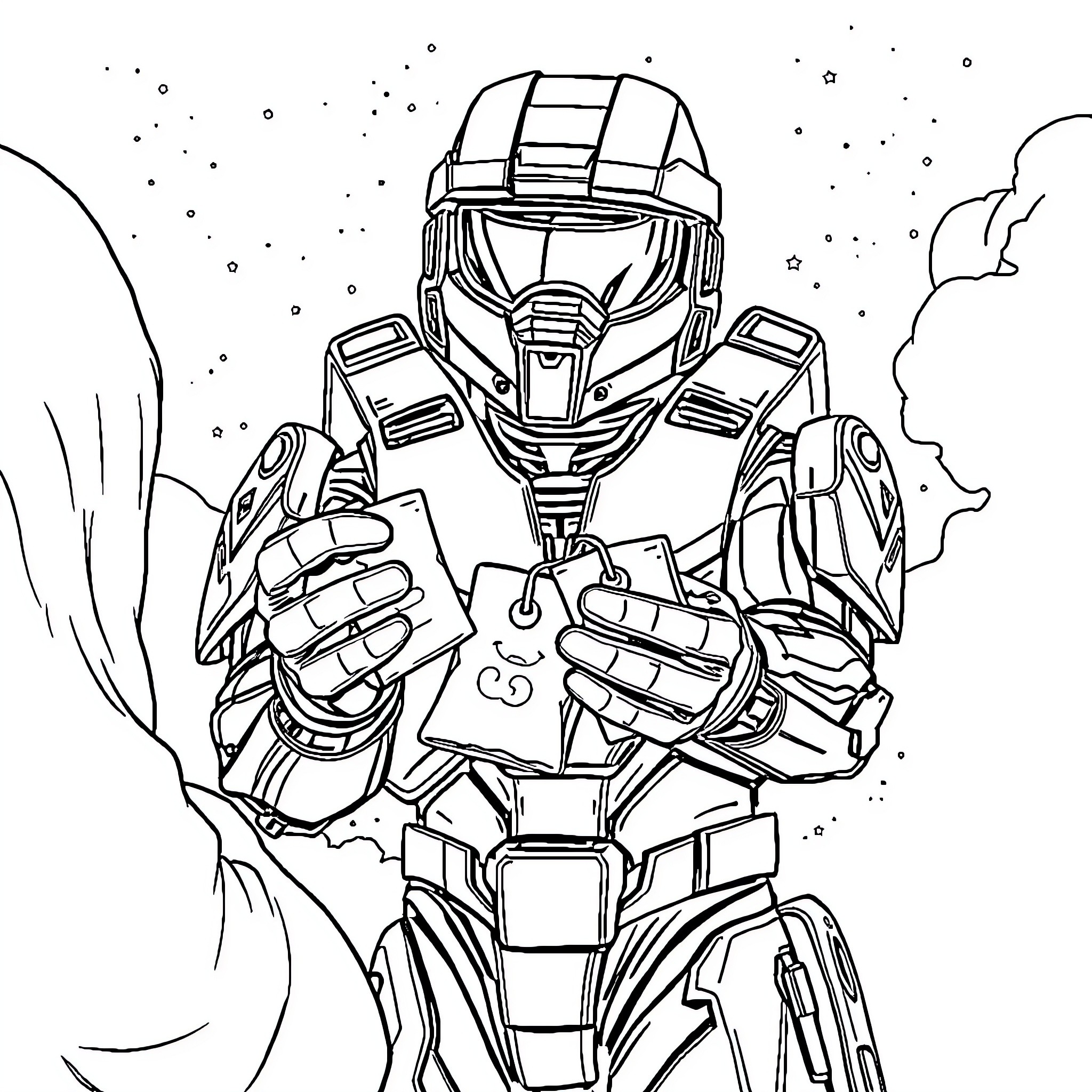 Halo: Heroic Soldier Facing Cosmic Challenges Coloring Page (free black-and-white line drawing printable PDF for all, from beginners to advanced learners, including children, teens, adults, and seniors)
