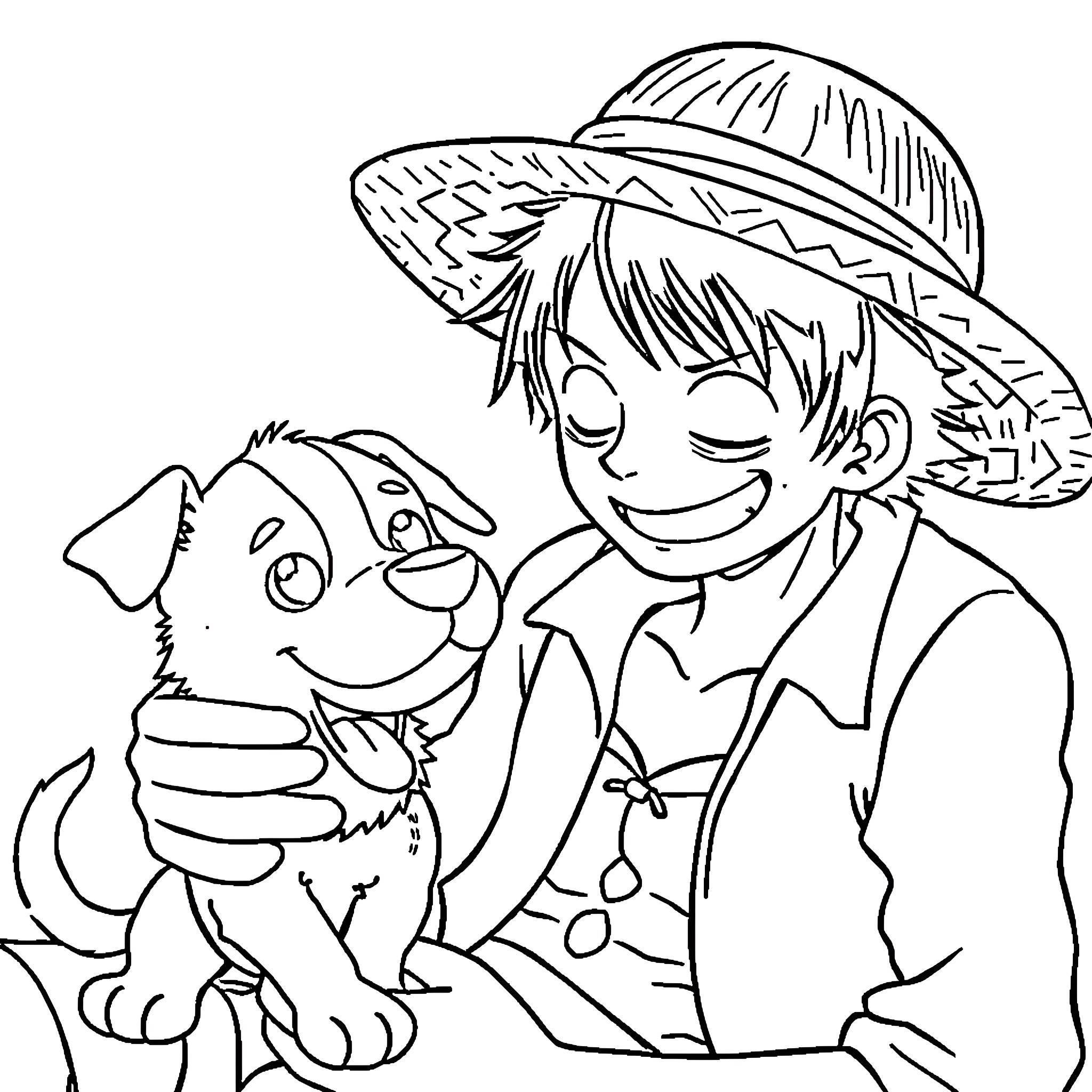 Luffy enjoying time with his canine companion Coloring Page (free black-and-white line drawing printable PDF for all, from beginners to advanced learners, including children, teens, adults, and seniors)
