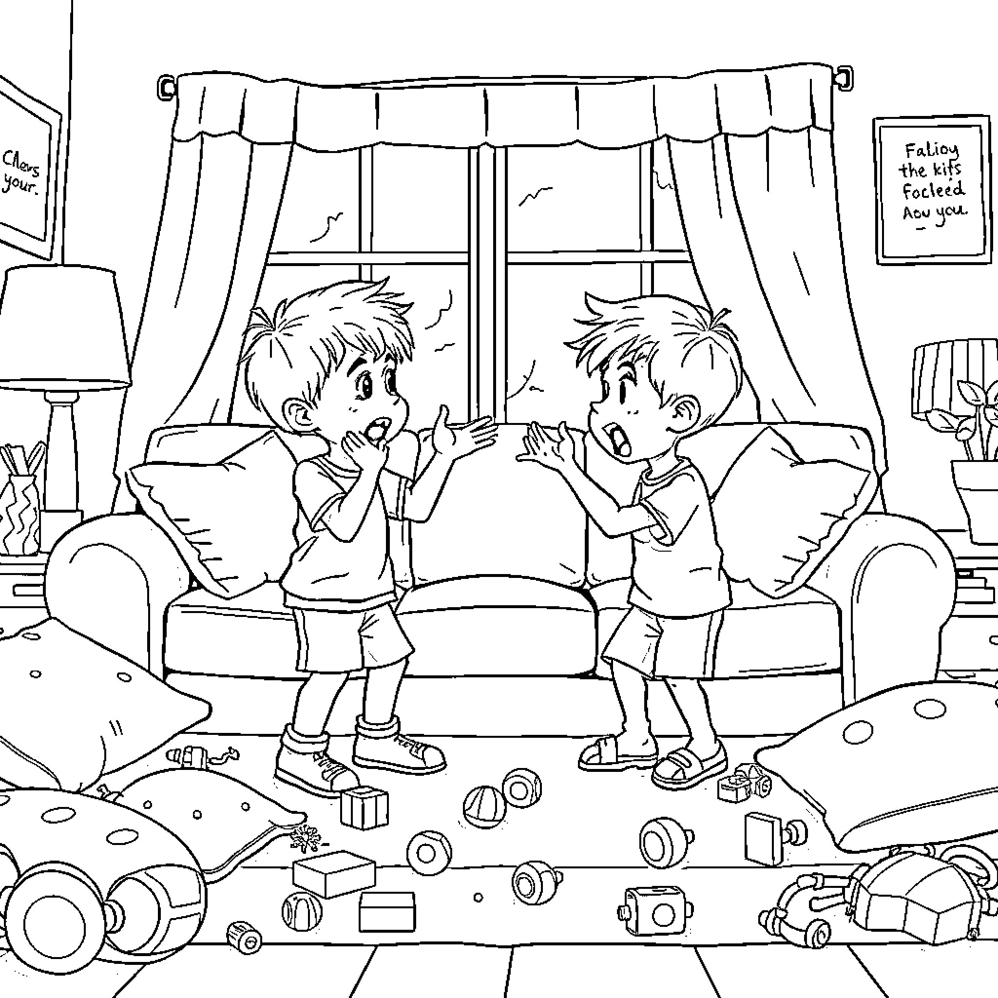 Kid playing with toys in a messy living room Coloring Page (free black-and-white line drawing printable PDF for all, from beginners to advanced learners, including children, teens, adults, and seniors)