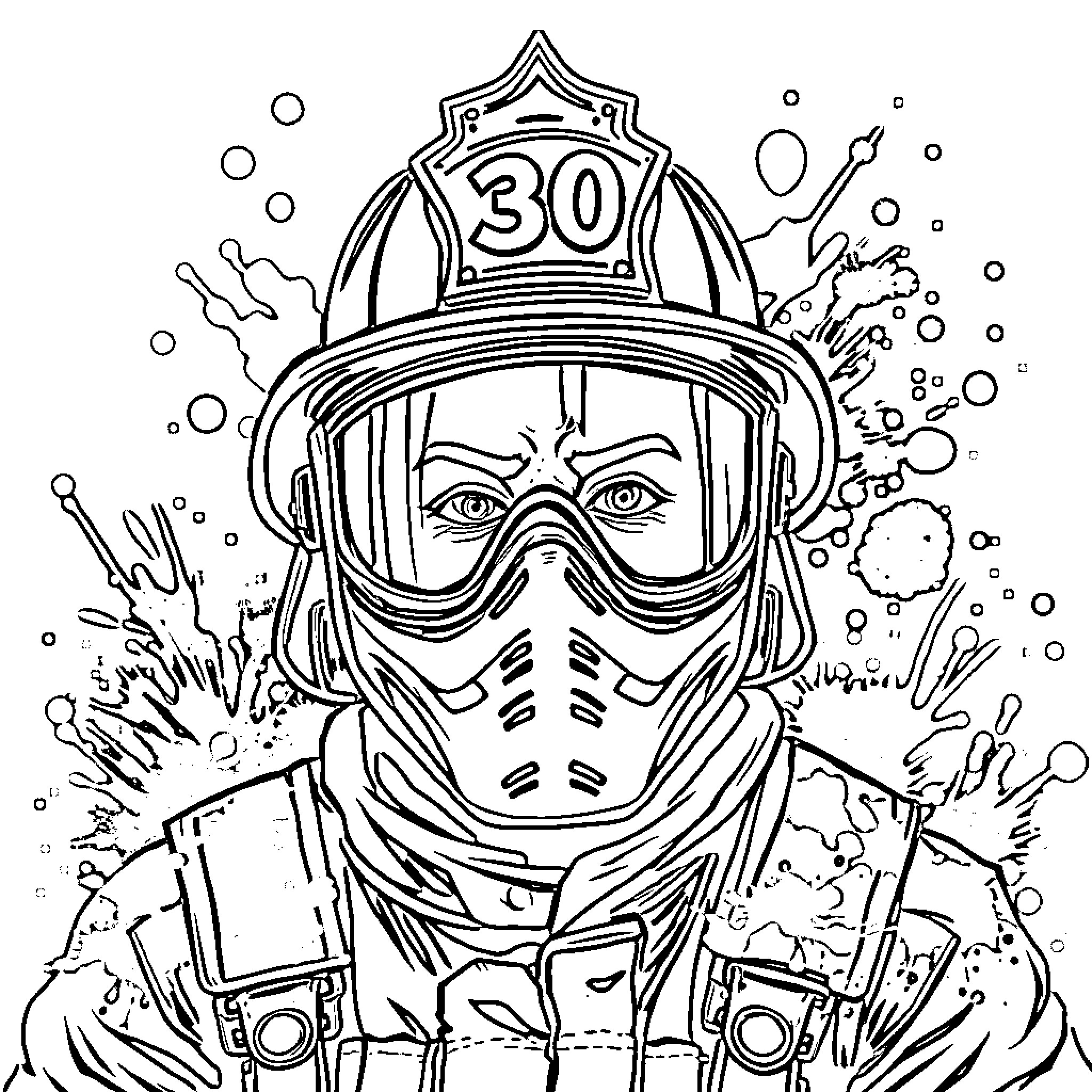 Firefighter in action with protective gear Coloring Page (free black-and-white line drawing printable PDF for all, from beginners to advanced learners, including children, teens, adults, and seniors)