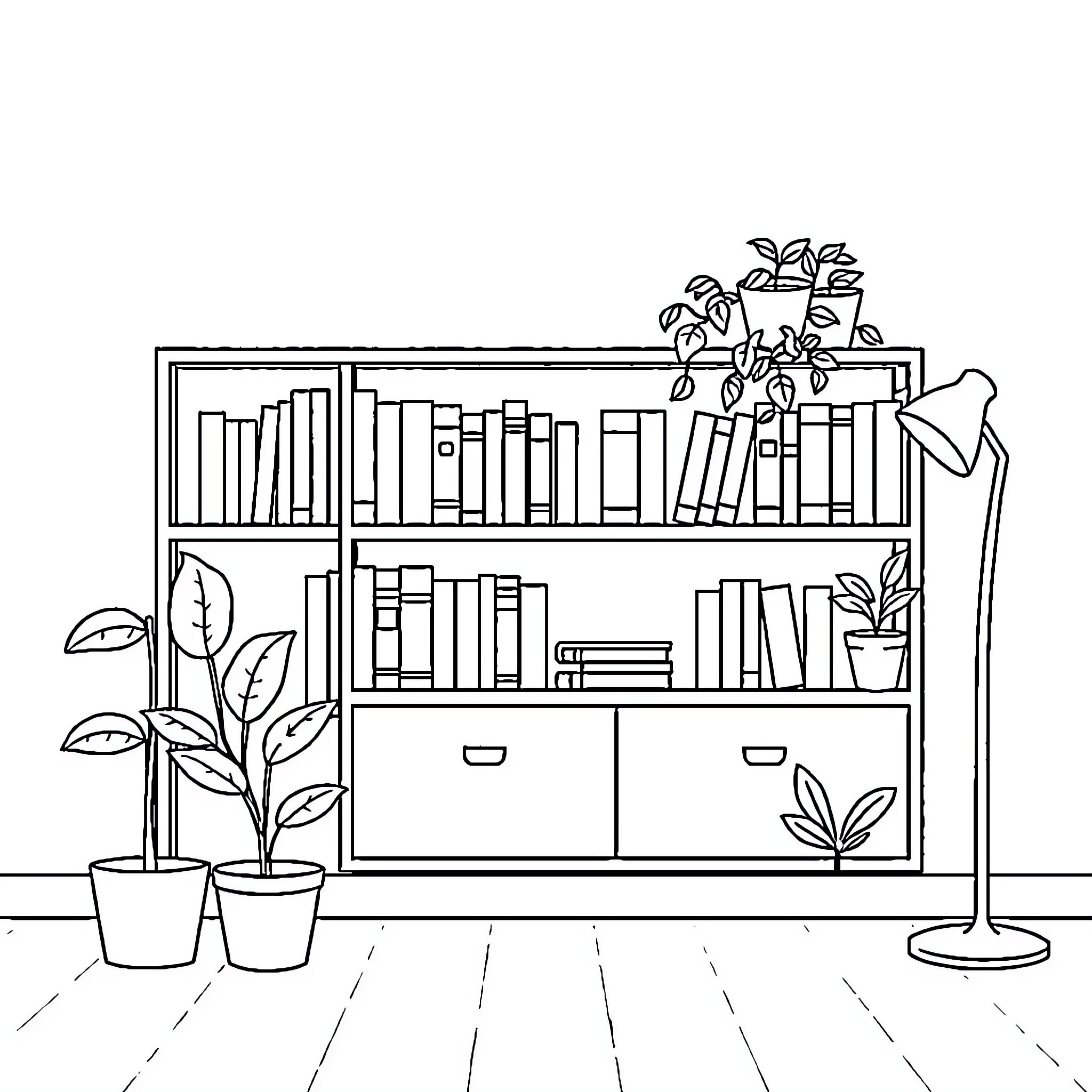 Apartment bookshelf with plants and decor Coloring Page (free black-and-white line drawing printable PDF for all, from beginners to advanced learners, including children, teens, adults, and seniors)