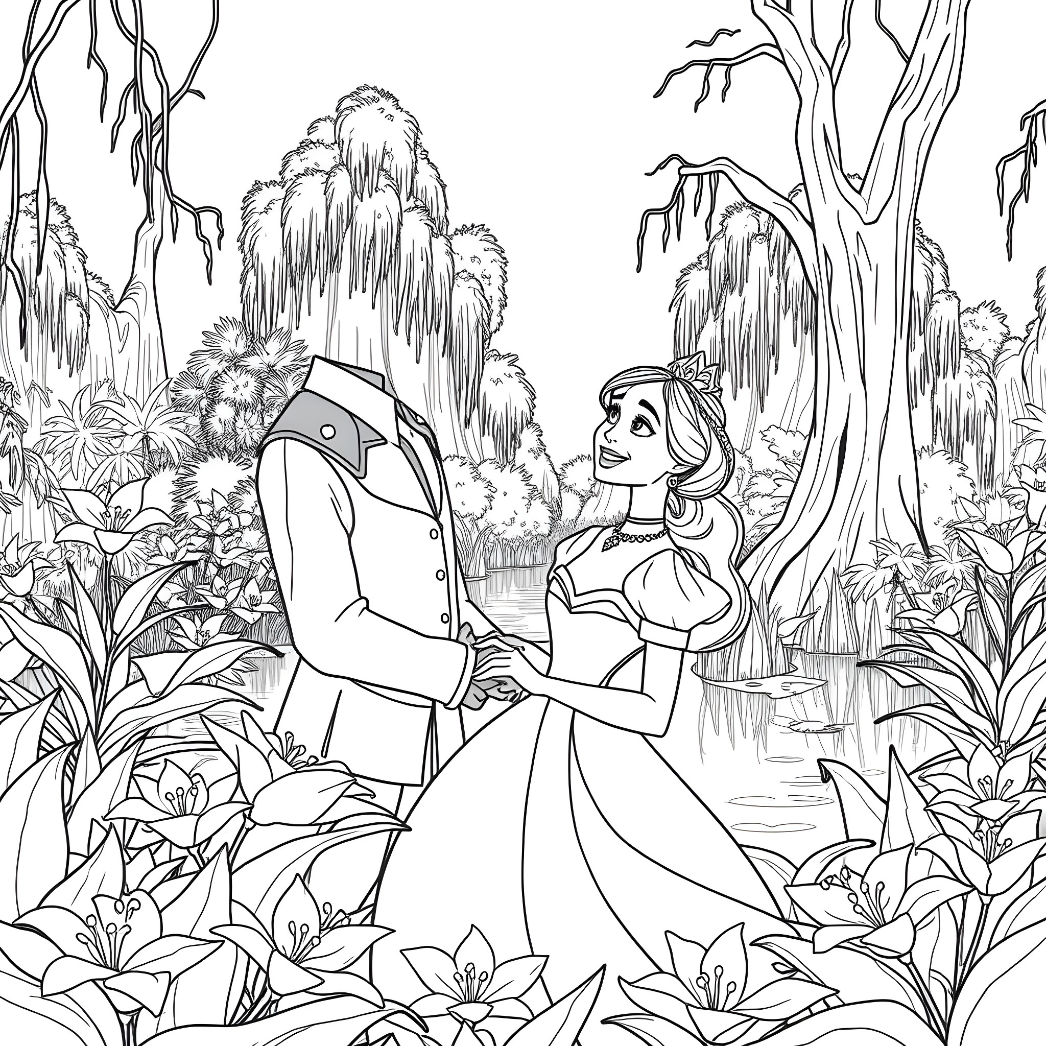Tiana dancing with Prince Naveen in the enchanted forest Coloring Page (free black-and-white line drawing printable PDF for all, from beginners to advanced learners, including children, teens, adults, and seniors)