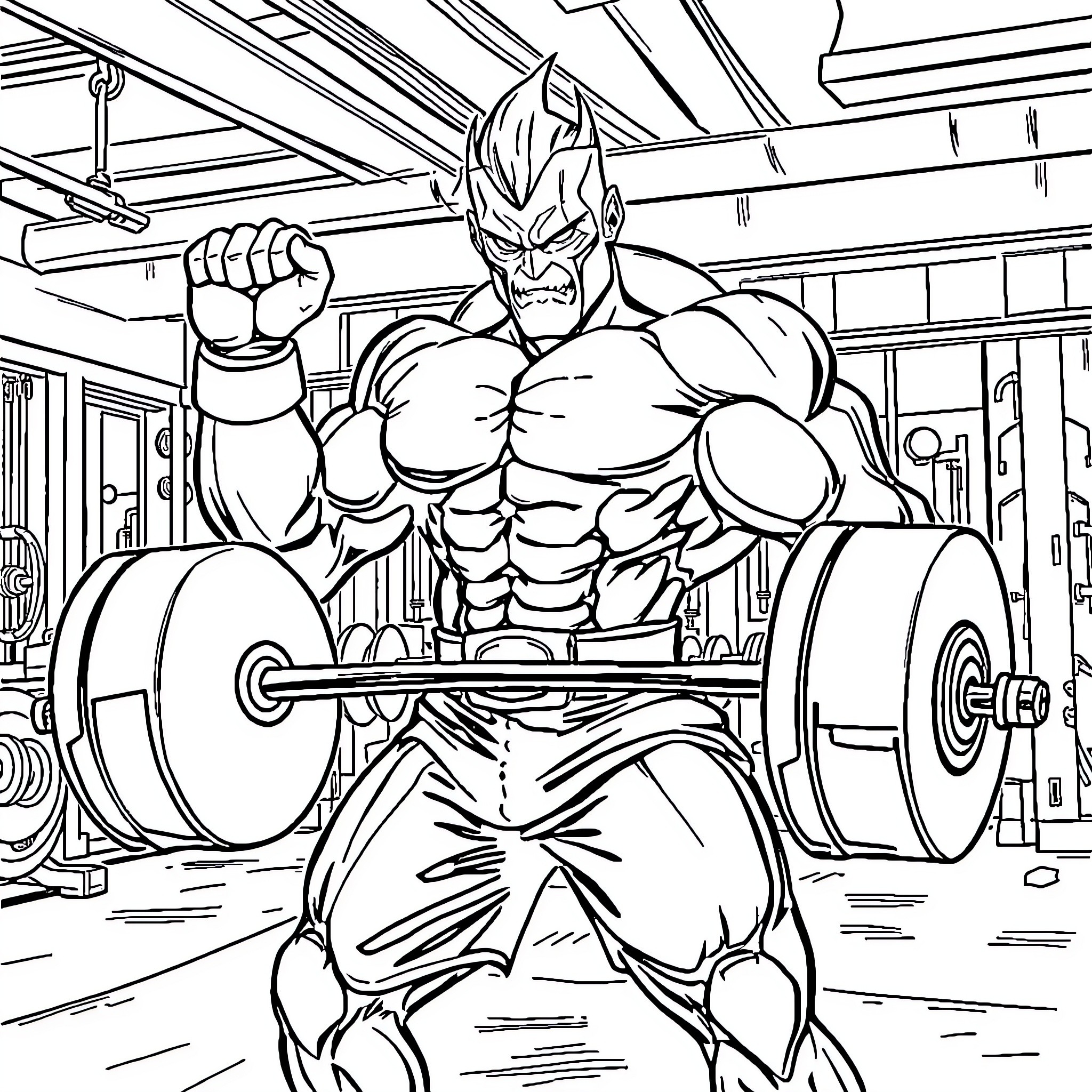 Subzero Muscular Warrior Lifting Weights in Gym Coloring Page (free black-and-white line drawing printable PDF for all, from beginners to advanced learners, including children, teens, adults, and seniors)