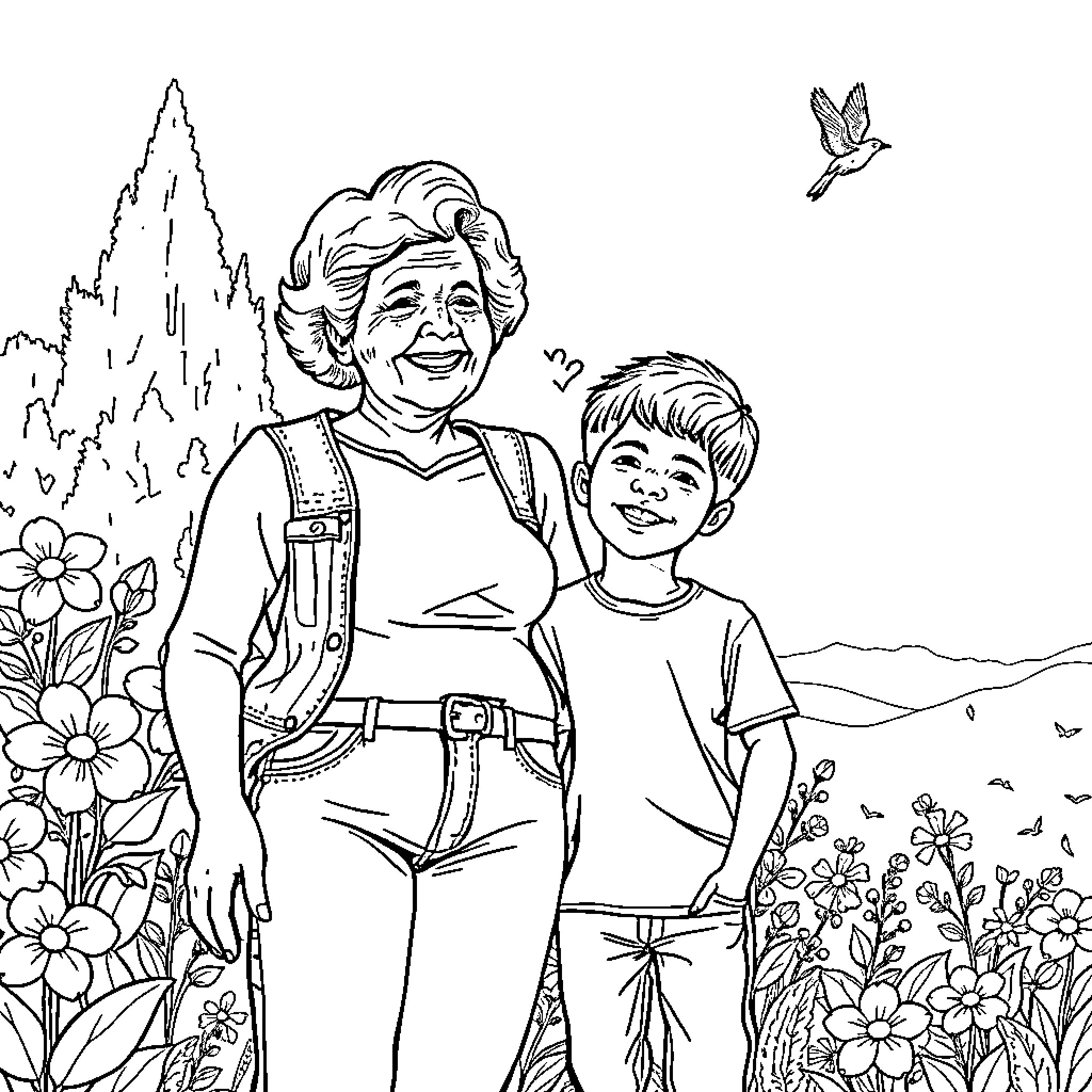 Grandmother and Grandson Enjoying Nature Together Coloring Page (free black-and-white line drawing printable PDF for all, from beginners to advanced learners, including children, teens, adults, and seniors)