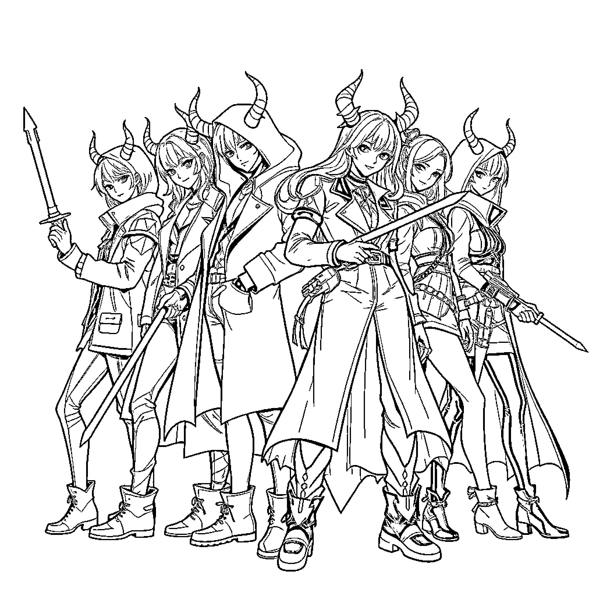 Kpop Demon Hunter: Fierce Warrior Crew Coloring Page (free black-and-white line drawing printable PDF for all, from beginners to advanced learners, including children, teens, adults, and seniors)